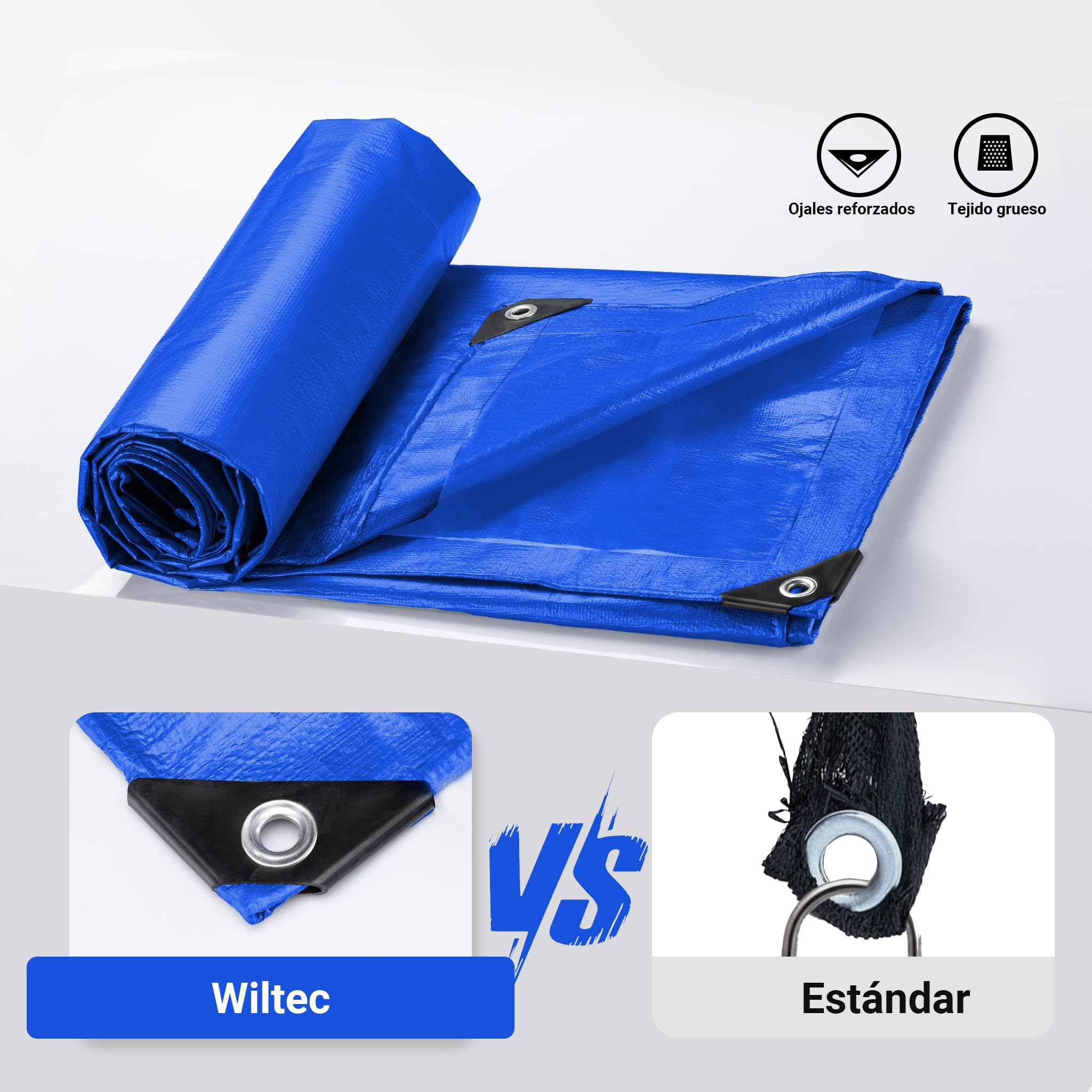 Wiltec Lona Impermeable Azul 7 x 6 m con Ojales de Aluminio, 240 g/m² Resistente a los Rayos UV, Moho y desgarro, de Polietileno con Bordes Reforzados, Ideal para Exteriores