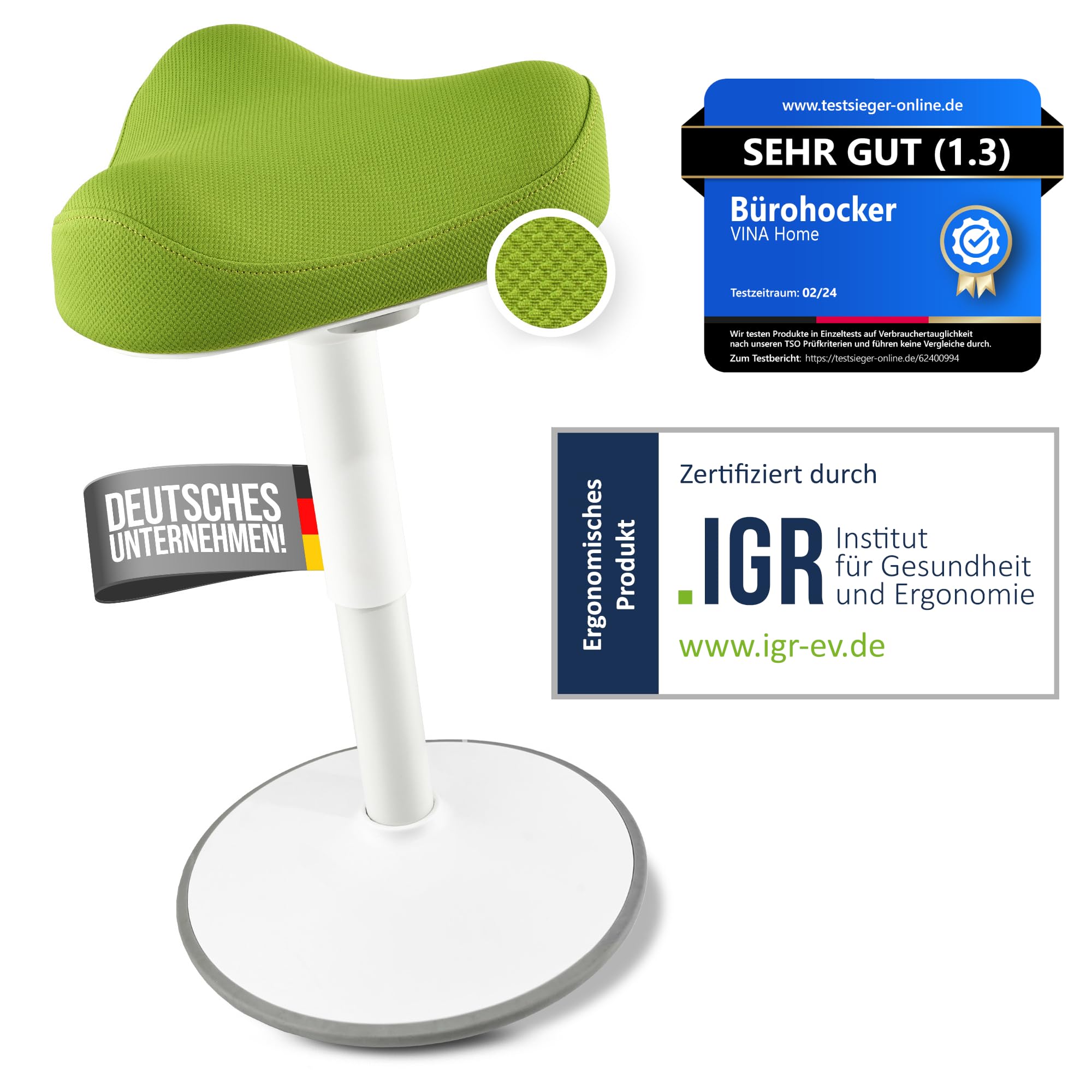 SH-01S Bürohocker Ergonomisch [IGR Zertifiziert] | Sitzhocker ergonomisch höhenverstellbar [47-65 cm]| Ergonomischer Hocker für Arbeit & Freizeit | Schwingeffekt [rutschfest] (Grün)