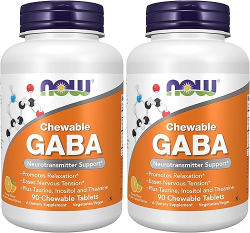 NOW Foods Suplementos, GABA (ácido gamma-aminobutírico), soporte para neurotransmisores*, sabor naranja, 90 masticables (paquete de 2)