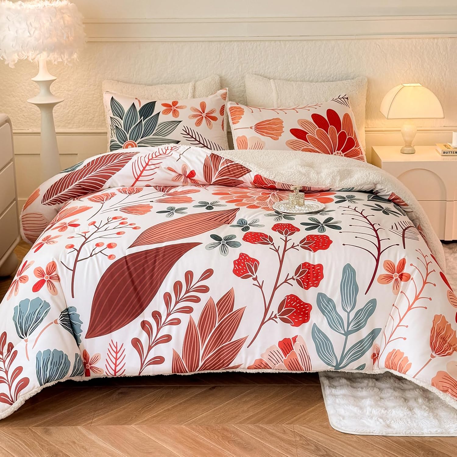Floral Print Sherpa Comforter Set - Blooming Flower Colorful Botanical Bedding Set 3 Pieces Warm Cozy Quilt with 2 Pillowcases, Orange Queen Size 90x90 in