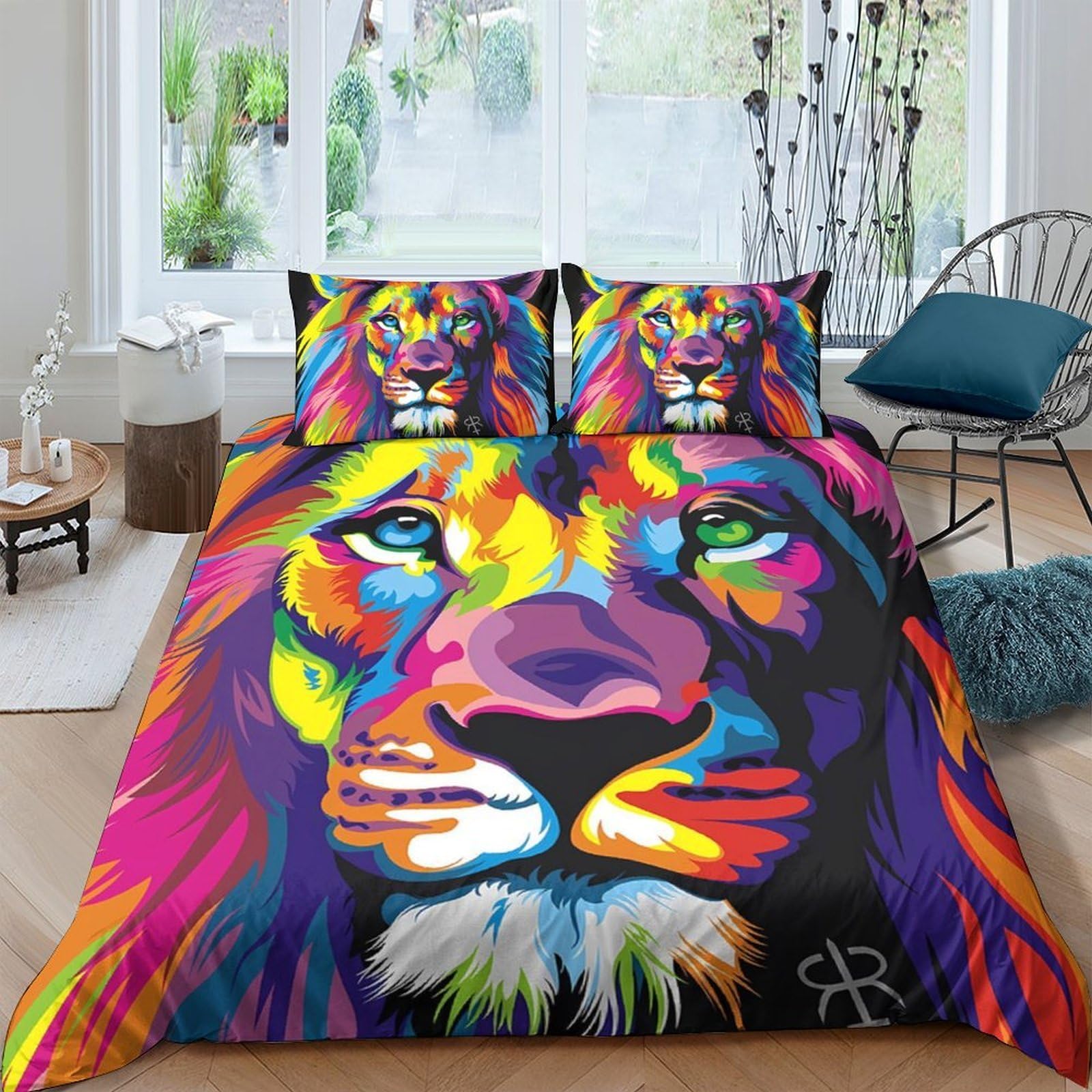 Ctjqhvkz Style-2 3D Printed Colorful Lion Fitted Sheet Microfiber Soft Slip-Resistant Abstract Animal Mattress Cover For Bedroom Dorm Decor Single（135X200cm）