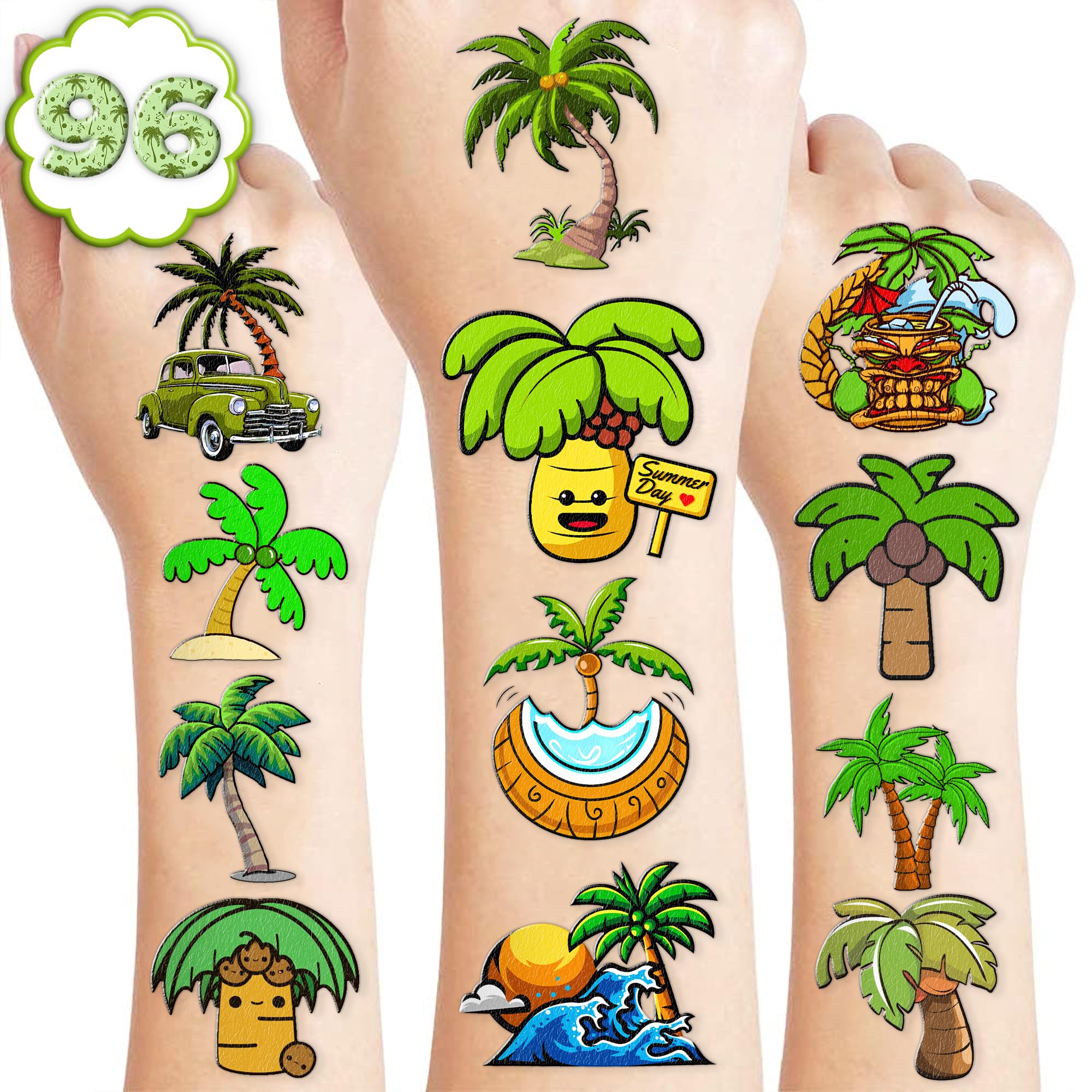 101 PCS Palm Tree Leaves Temporary Tattoos Birthday Party Decorations Supplies Favors Luau Hawaiian Themed Tropical Summer Palm Coconut Tree Beach