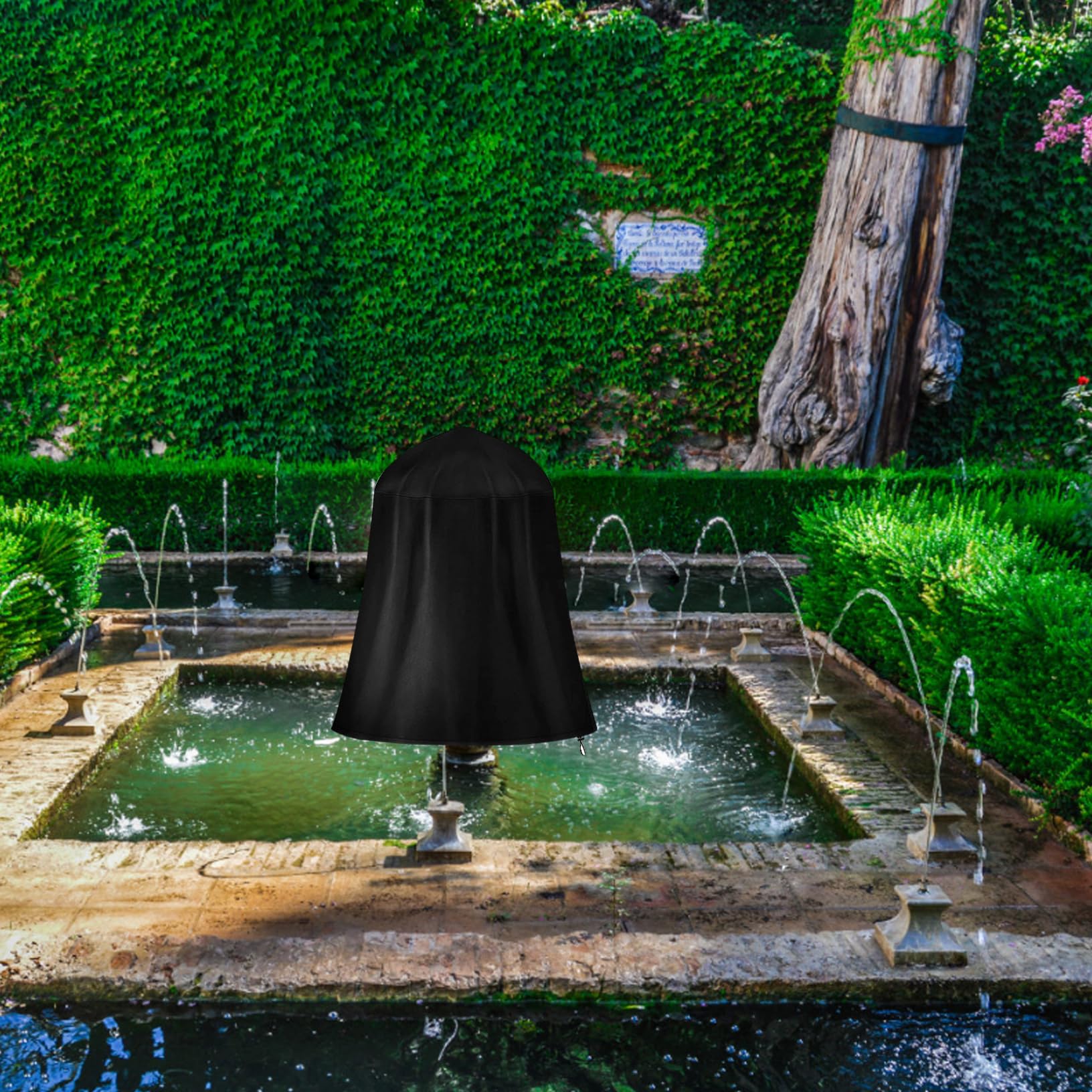 DAZZLEEX Outdoor Tuin Fontein Cover, Water Feature Fontein Winter Bescherming Cover 210D Zilveren Coating D36 X H42