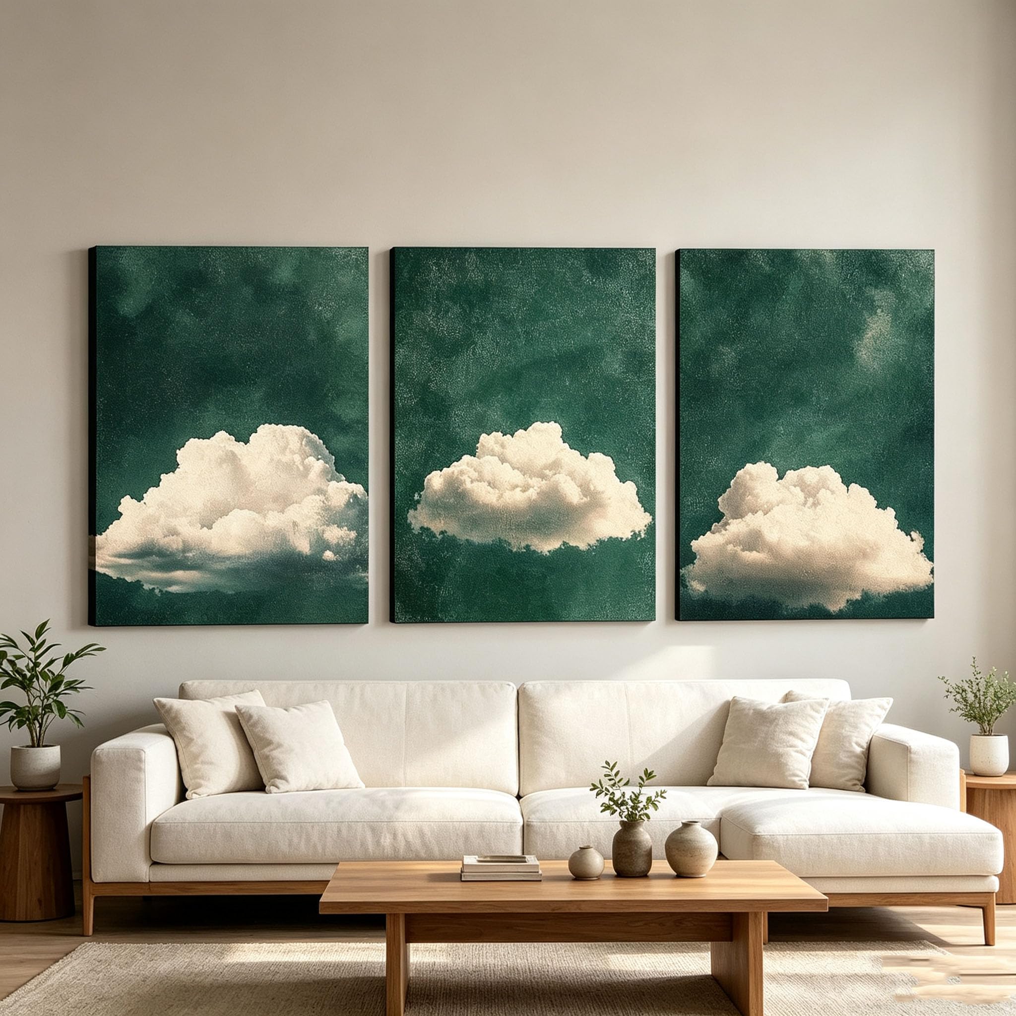 ZPDHBXMV Ensemble de 3 tableaux sur toile représentant des olives vertes flottant dans le ciel avec des nuages blancs, style bohème minimaliste et moderne pour le salon (55 x 75 cm x 3 / avec cadre)