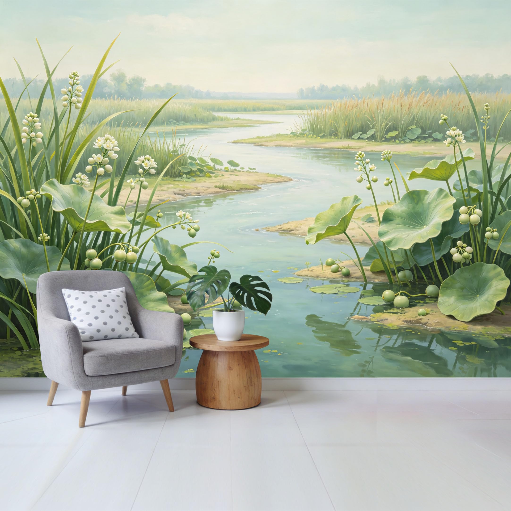 Qzlithotic Yq2605250993 Custom Size Wall Mural Serene Wetland Landscape Lotus Flower Oil Painting Style Selfadhesive Wall Fabric Removable Wallpaper For Home Office Decor
