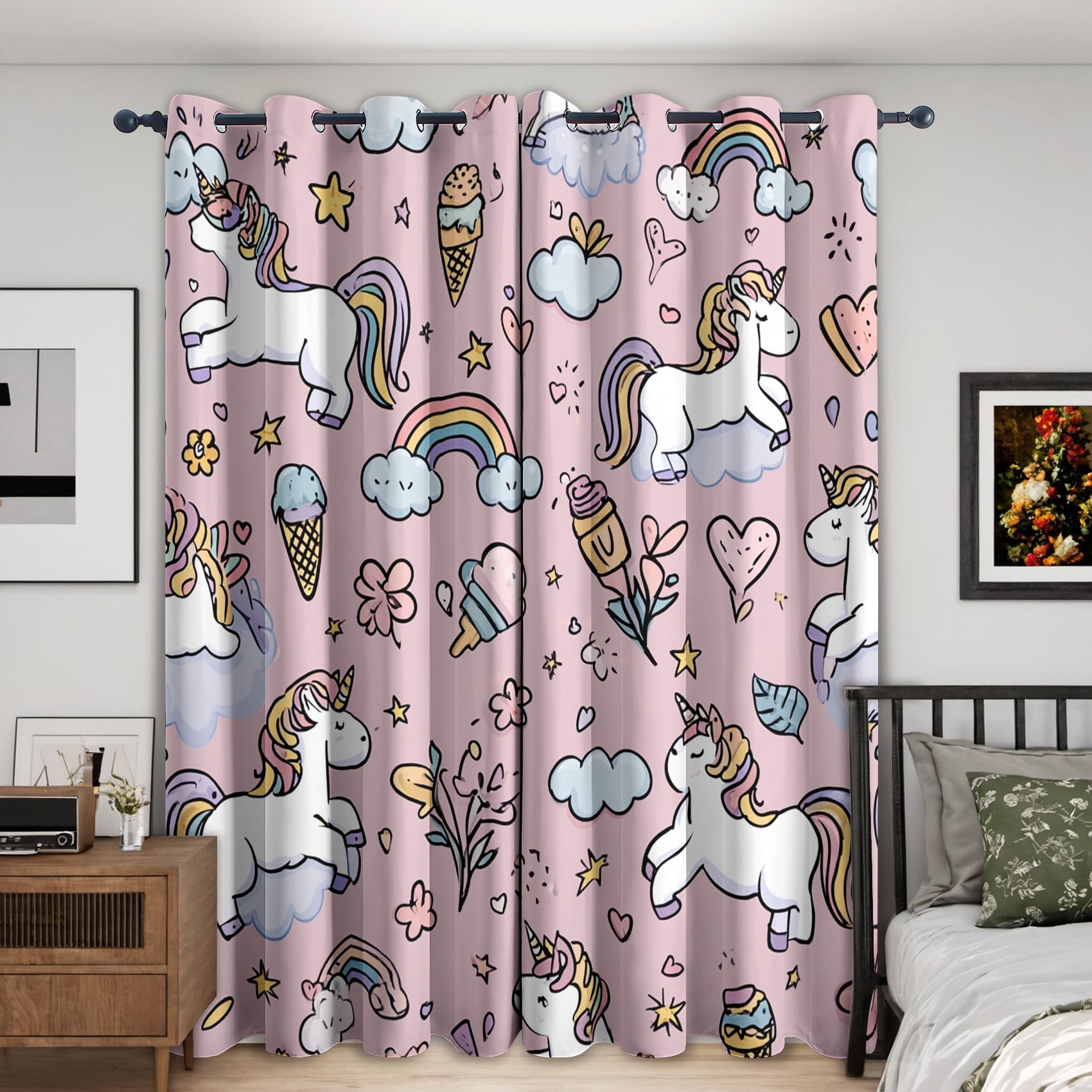 Unicorns Blackout Curtains, 90 Drop, Kids Girls Cartoon Printed Curtains for Living Room, Bedroom, Eyelet Drapes for Window Home Decor, 66x90 Inch 2 Panels Rc3032