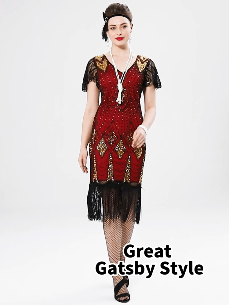 Amazon.com: Fancy Clothing Women's 1920s Gatsby Inspired Sequin Beads Long  Fringe Flapper Dress w/Accessories Set (3X-Large, Black&Green) : Clothing,  Shoes & Jewelry