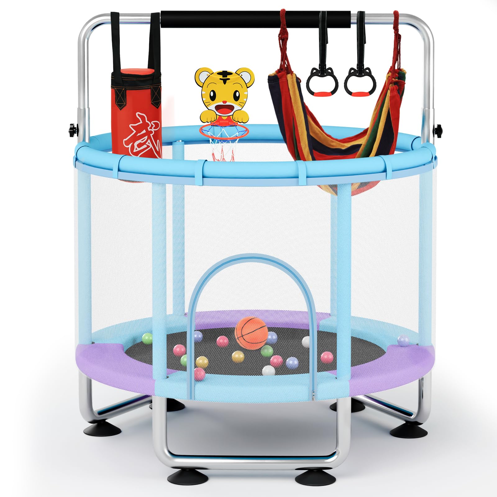 Kindertrampolin 150cm mit Sicherheitsnetz 250KG Belastbar, Trampolin Kinder Indoor Outdoor mit Verstellbares Turnstange, Haltestange, Basketballkorb, Schaukel, Boxsack und Bällen