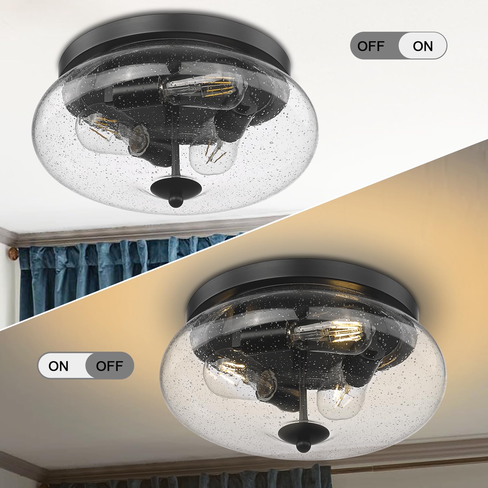 Darkaway 3-Light Flush Mount Ceiling Fixture – Large Farmhouse Black Finish With Water Ripple Glass, Indoor/Outdoor Use