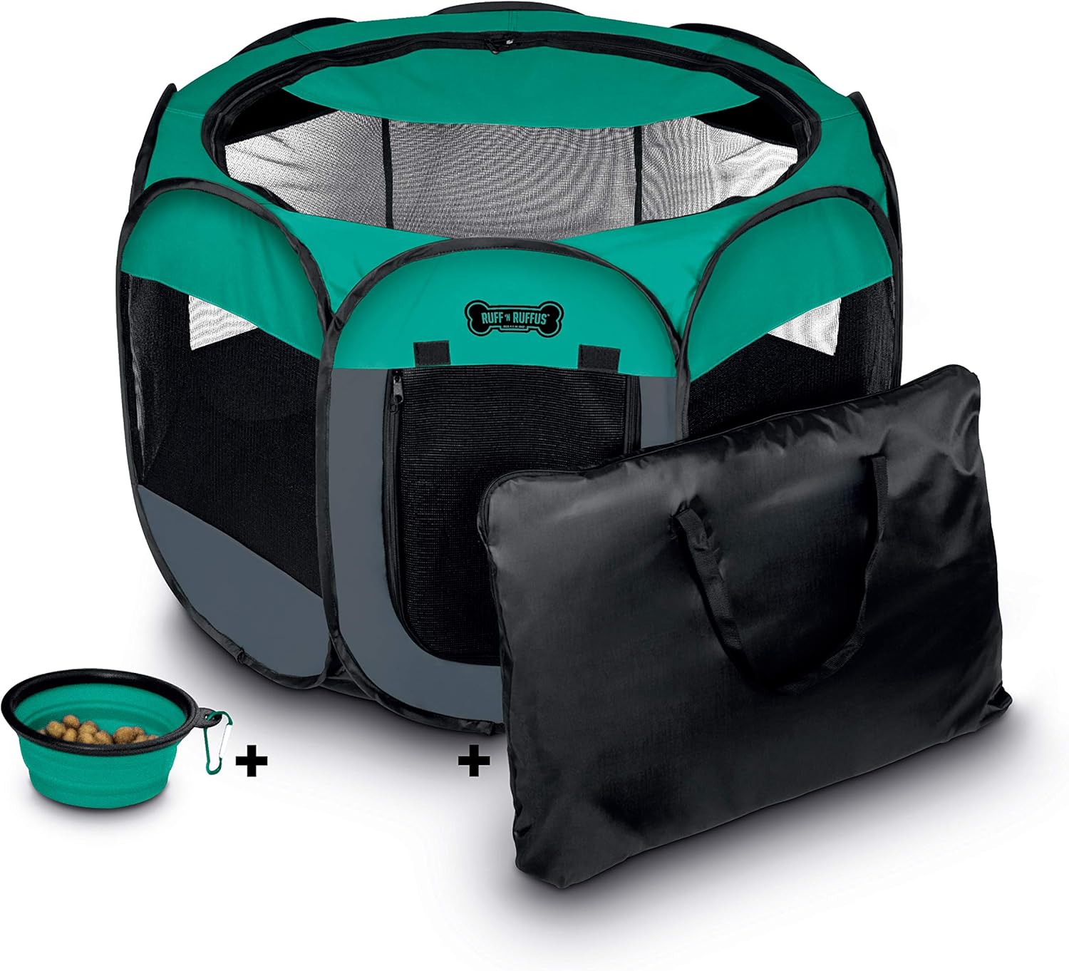 Ruff 'n Ruffus Portable Foldable Pet Playpen + Free Carrying Case + Free Travel Bowl | Available in 3 Sizes (Medium (29" x 29" x 17") with Free Bonus) : Pet Supplies