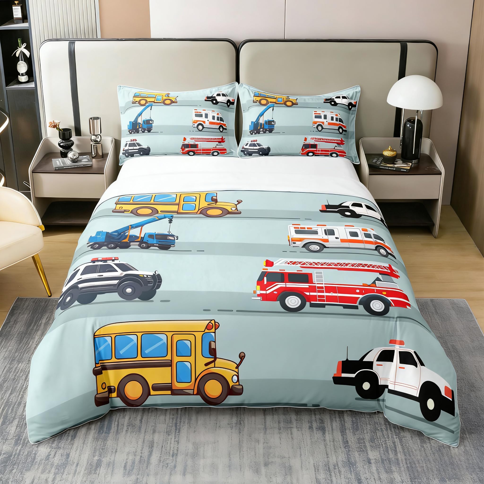 100% Cotton Fire Truck Duvet Cover,Police Car Down Comforter Cover Twin Size,School Bus Bedding Set For Kids Boys Teens Youth,Equipped Truck Cartoon