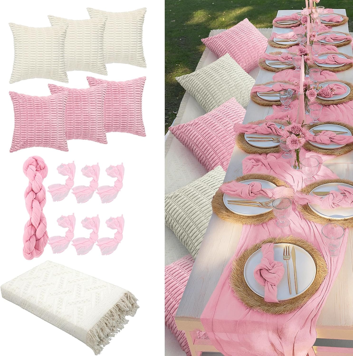 Beeveer Extra Large 91x71 Boho Picnic Blanket with Pink Table Runner, 6 Pillow Covers & Napkins - Woven Cotton Washable Outdoor Beach Mat for Weddings