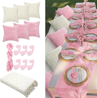 Beeveer Extra Large 91x71 Boho Picnic Blanket with Pink Table Runner, 6 Pillow Covers & Napkins - Woven Cotton Washable Outdoor Beach Mat for Weddings