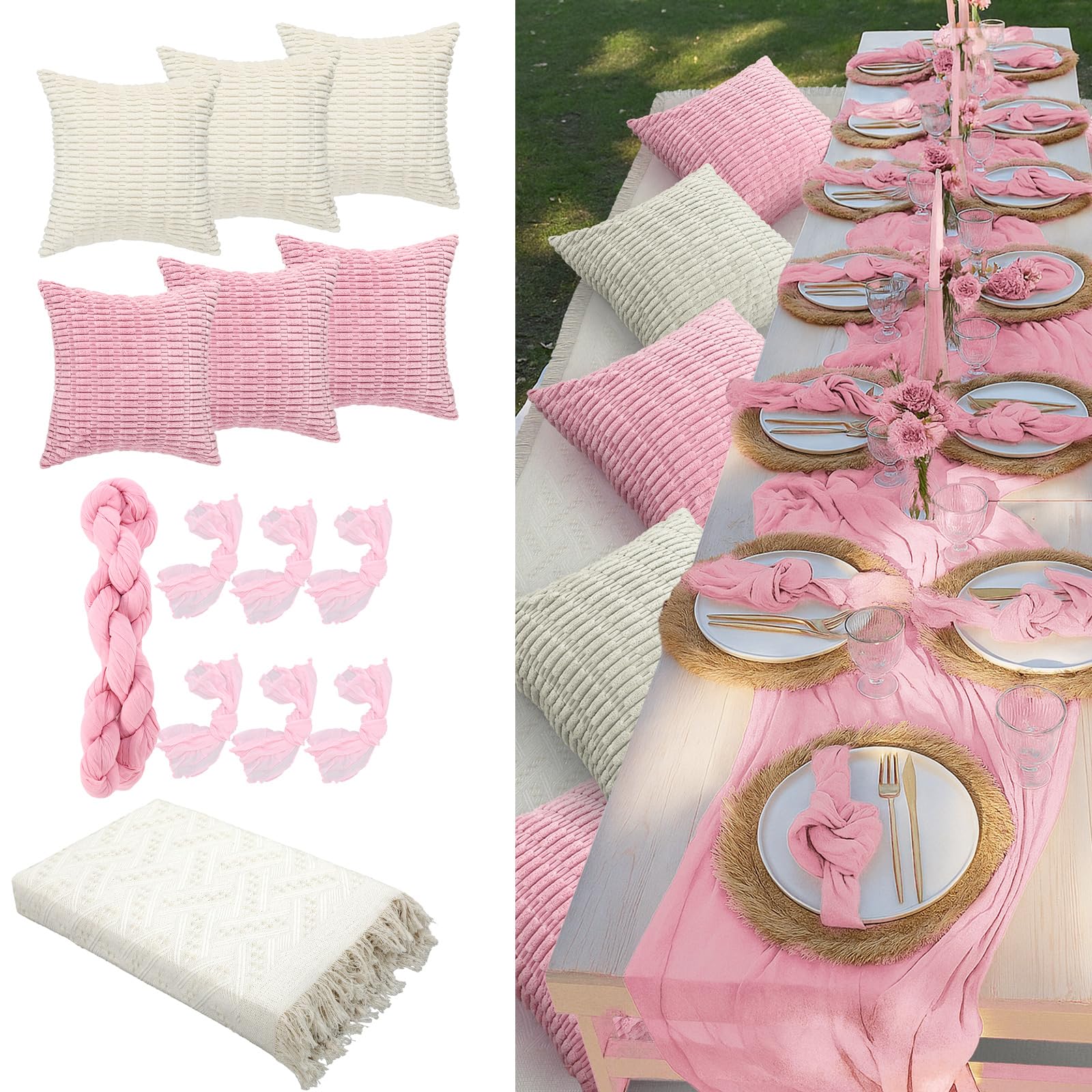 View 1 of 14 Pack Extra Large Pink Picnic Blanket Kit 91x71'' Outdoor Boho Pink Rug