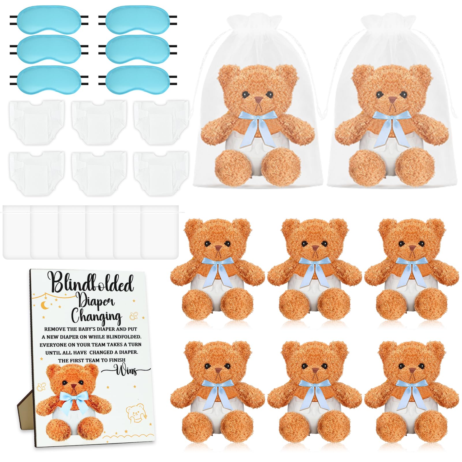 Photo 1 of ACMEE 25 Pack Baby Shower Games Blindfold Diaper Changing Kit - 12 Inch Bear Dolls with Diapers, Fun Bridal Shower & Gender Reveal Games Supplies, Group Activity for Adults Kids(Blue)