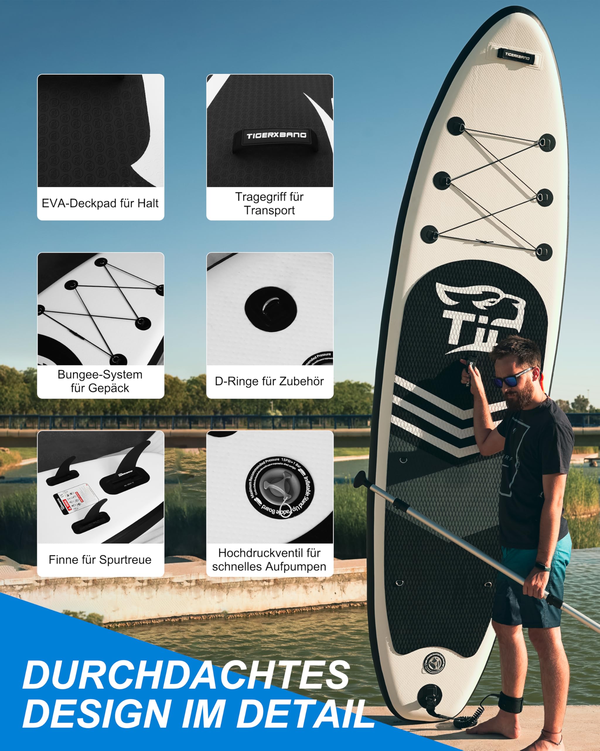 TIGERXBANG Stand Up Paddle Board aufblasbar für Erwachsene und Jugendliche, 320×82×15 cm Allround SUP mit Kajaksitz, verstellbarem Doppelpaddel, Sicherheitsleine und Rucksack