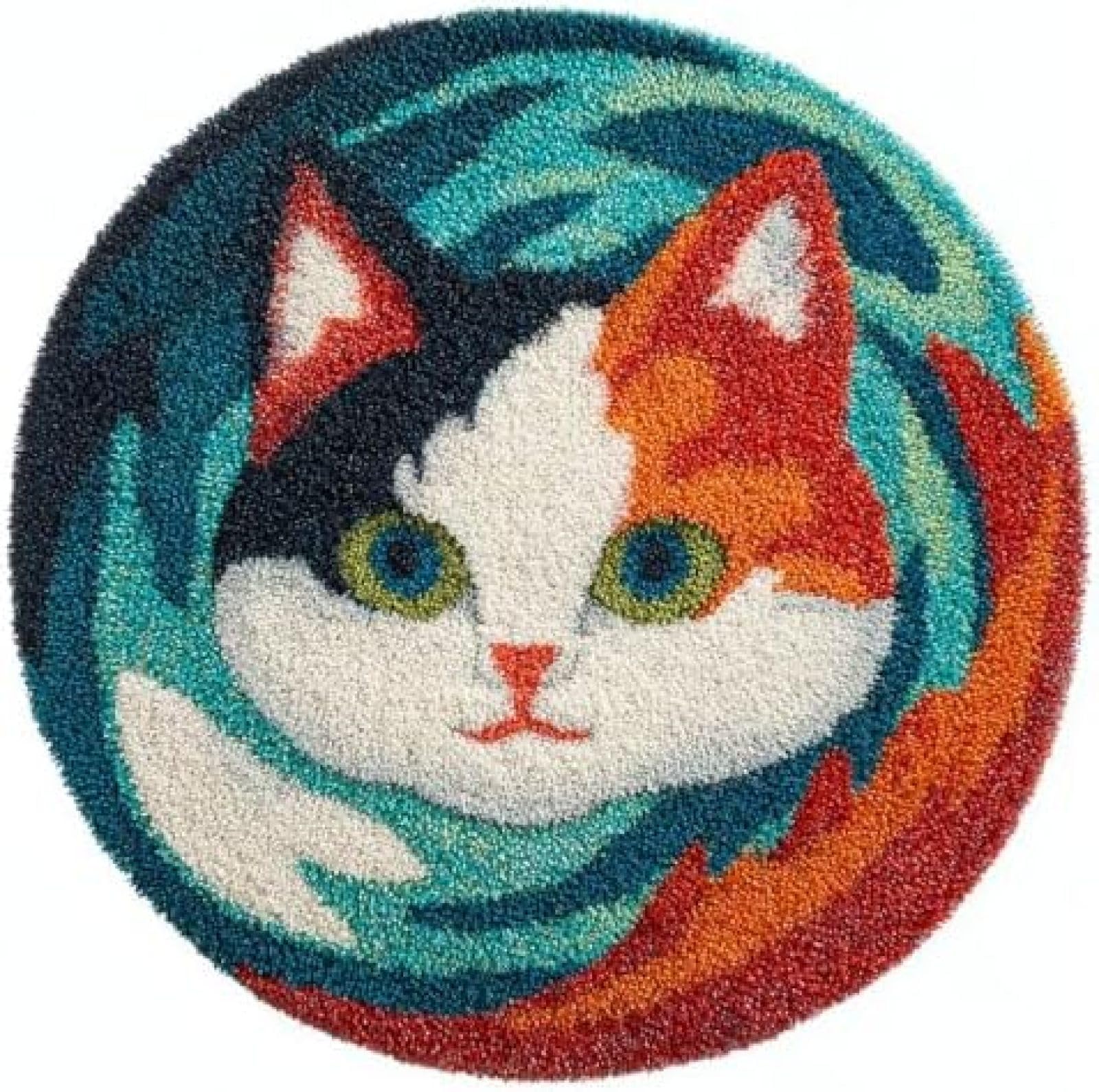 XDEGHUANGSS Latch Hook Rug Kit Turkish Van Cat Catch Fish Round Rug 52x52cm