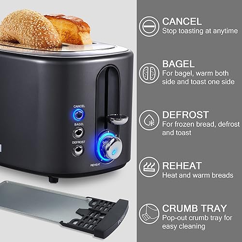 Vista 10 de Tostadora de ranura larga de 2 rebanadas, funciones de descongelación de recalentamiento de cancelación, bandeja extraíble para migas, 6 ajustes