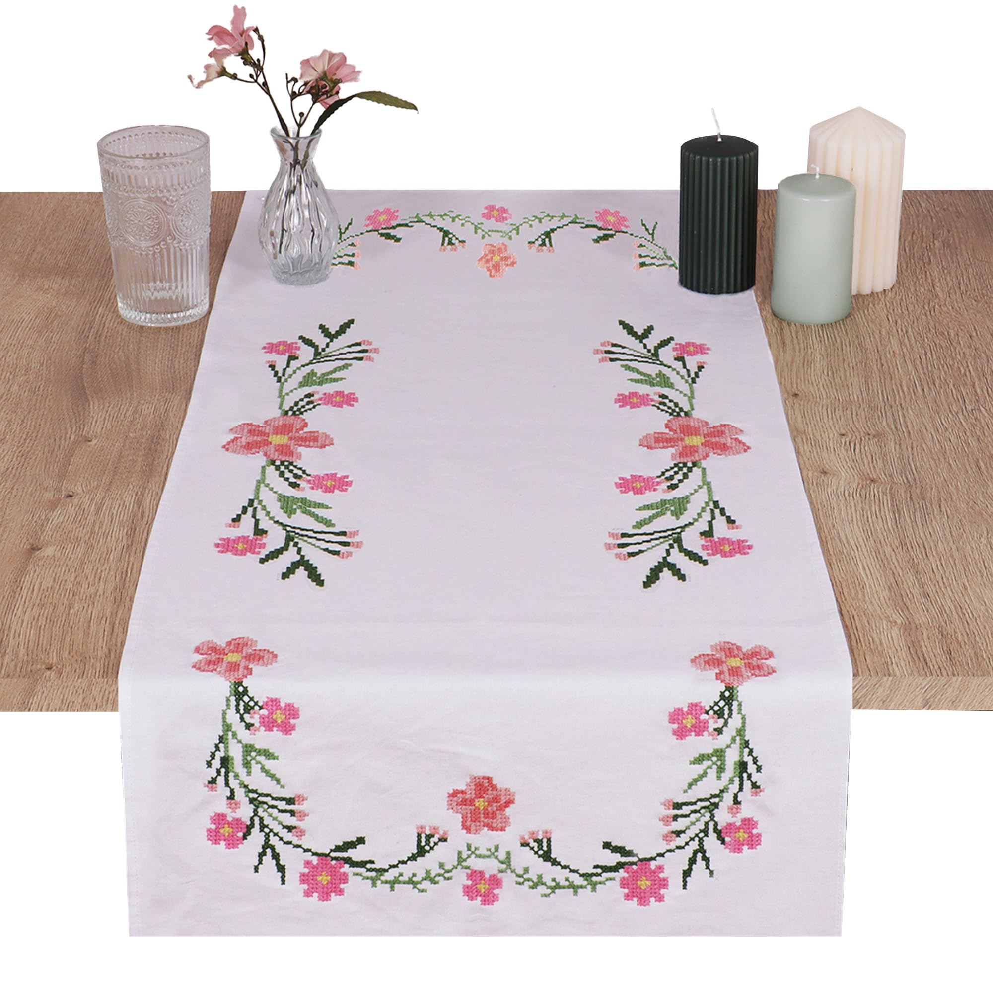 Trimits Cross Stitch Kit - Table Runner - Includes Printed Fabric, Threads, Needle & Instructions, 40 x 100cm, Daisy Flowers