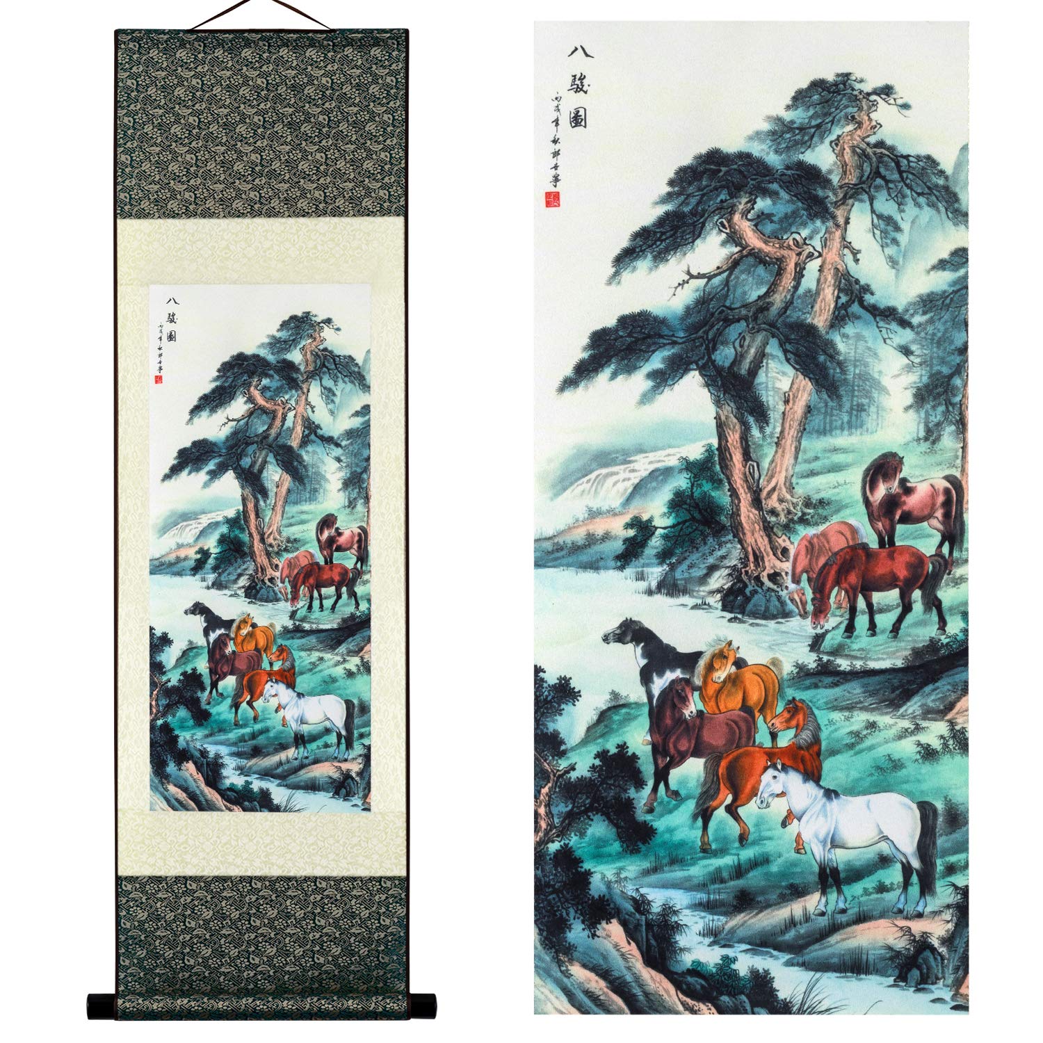 UNIQUELOVER Asian Silk Scroll & Eight-Horse Picture Scroll & Wall Scroll Hanging Artwork Painting
