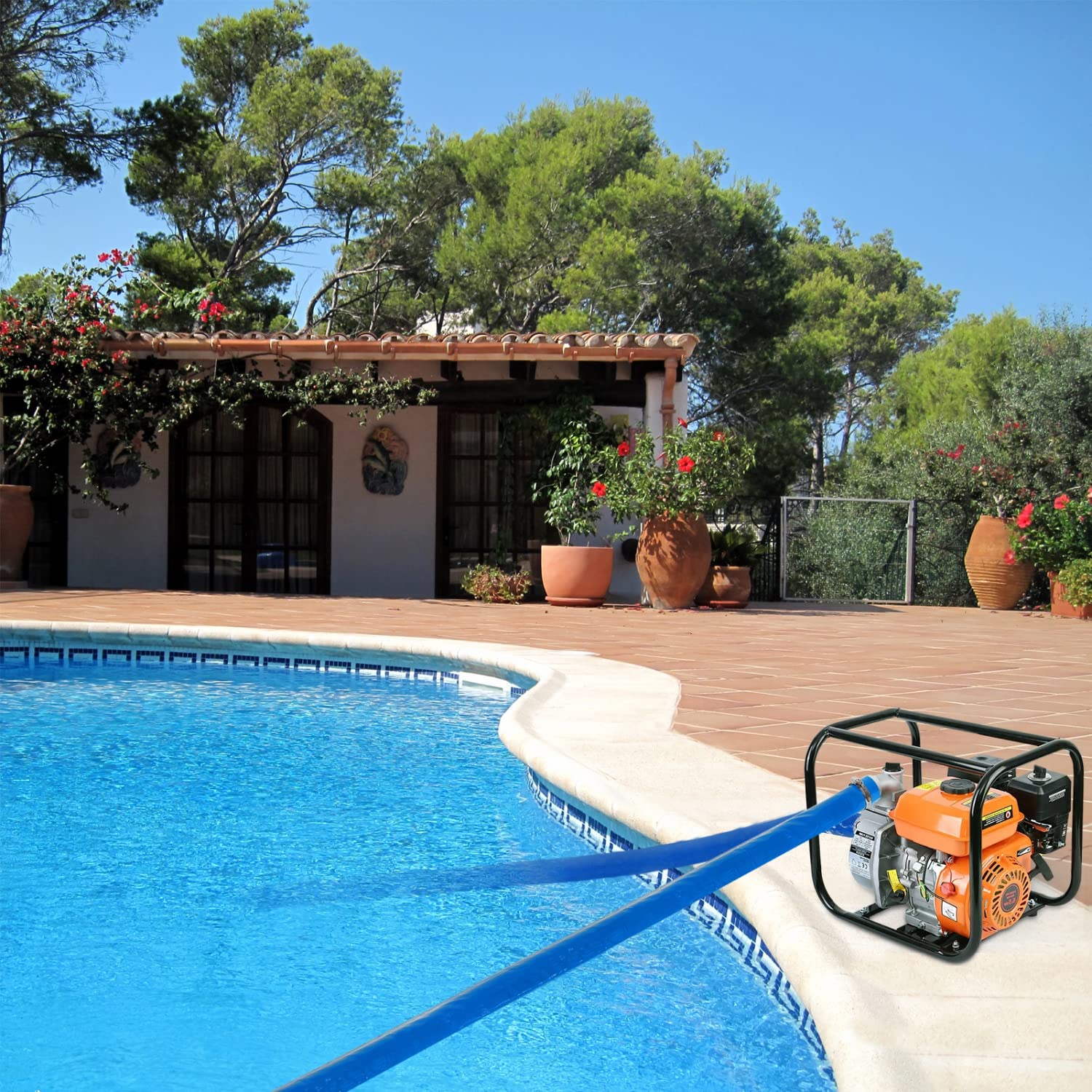 Tubo flessibile di risucchio per piscina in PVC resistente, 5 cm x 50 m, tubo di scarico rinforzato con morsetto per piscine, blu