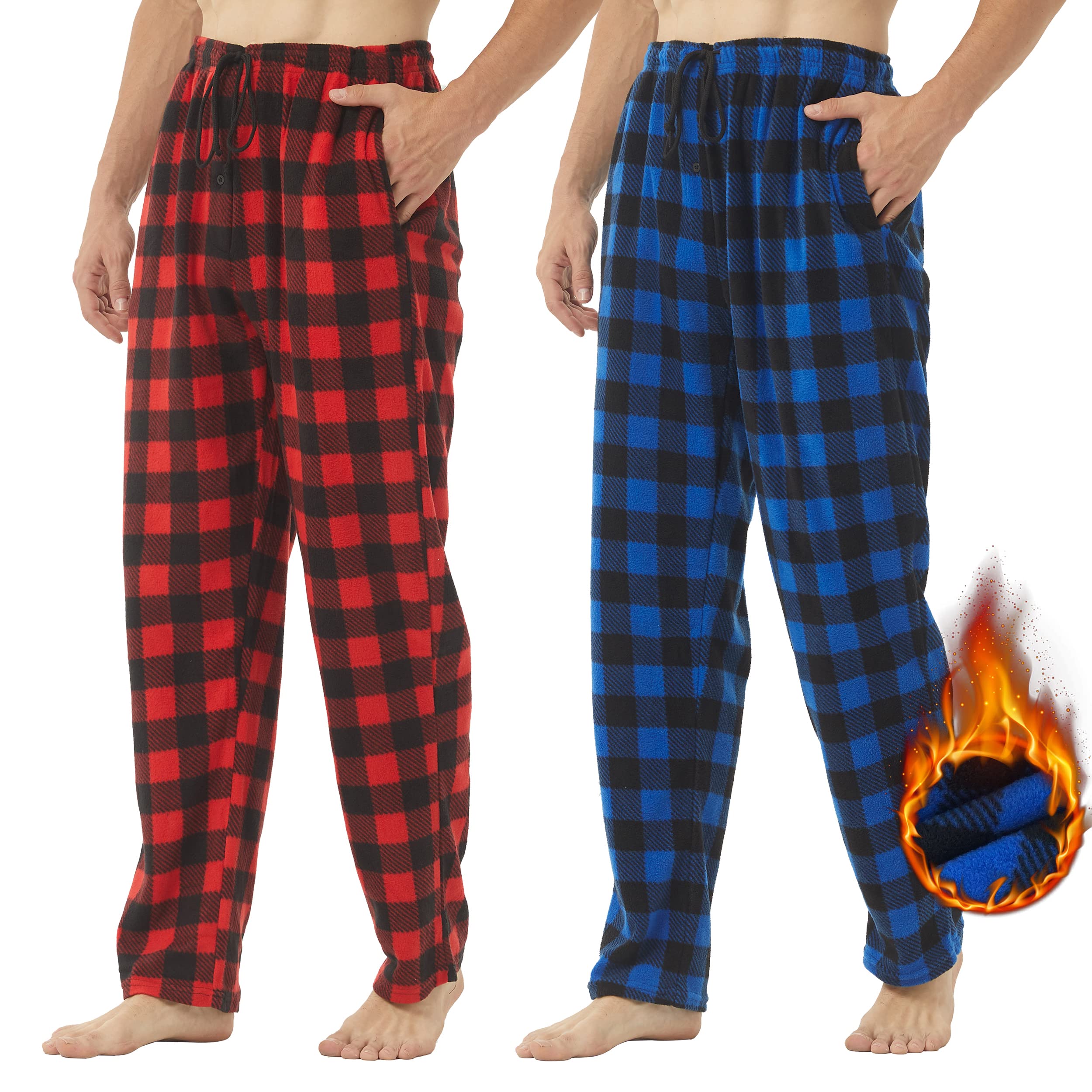 2 Pack Mens Fleece Pyjama Bottoms Ultra Soft Checked Lounge Pants with Pockets PJs Loungewear Pjs Trousers