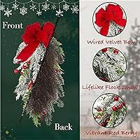 Vista 2 de Guirnalda Navideña en Forma de Lágrima Preiluminada de 28 pulgadas, Decorada con Ramas de Pino Artificial Nevadas, Bayas Rojas, Lazo con Alambre