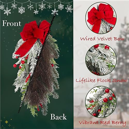 Miniatura 2 de Guirnalda Navideña en Forma de Lágrima Preiluminada de 28 pulgadas, Decorada con Ramas de Pino Artificial Nevadas, Bayas Rojas, Lazo con Alambre,