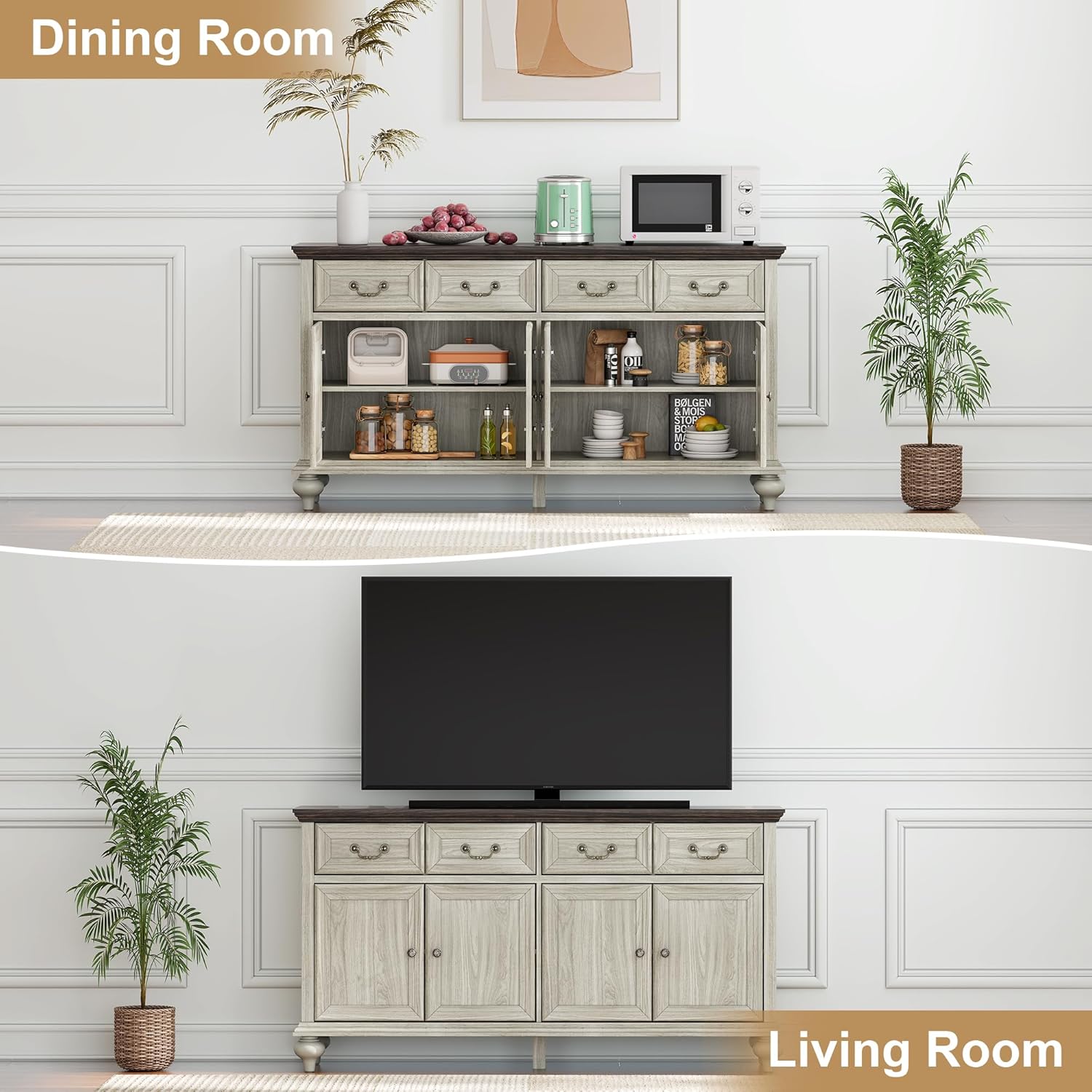 Two images showing the Yechen sideboard cabinet in different room settings: as a buffet cabinet in a dining room with kitchen appliances, and as a TV stand in a living room.
