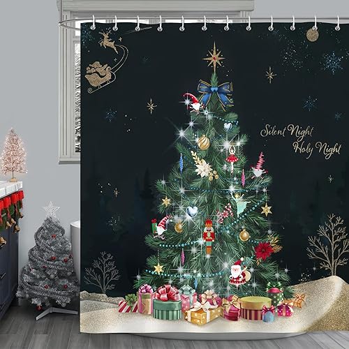 Miniatura 2 de Bonhause Cortina de ducha de árbol de Navidad, cajas de regalo de noche milagrosa, cortina de baño decorativa de 72 x 72 pulgadas, tela de