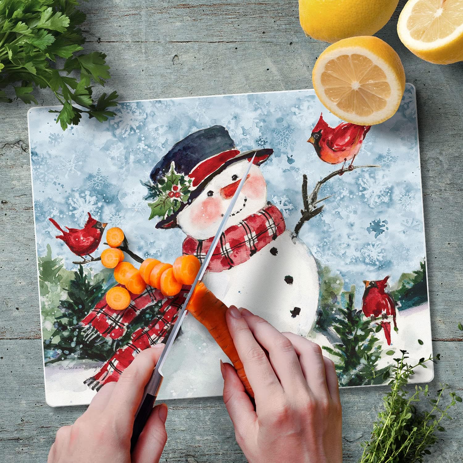 Watercolor Snowman Tempered Glass Cutting Board with Non-Slip Feet
