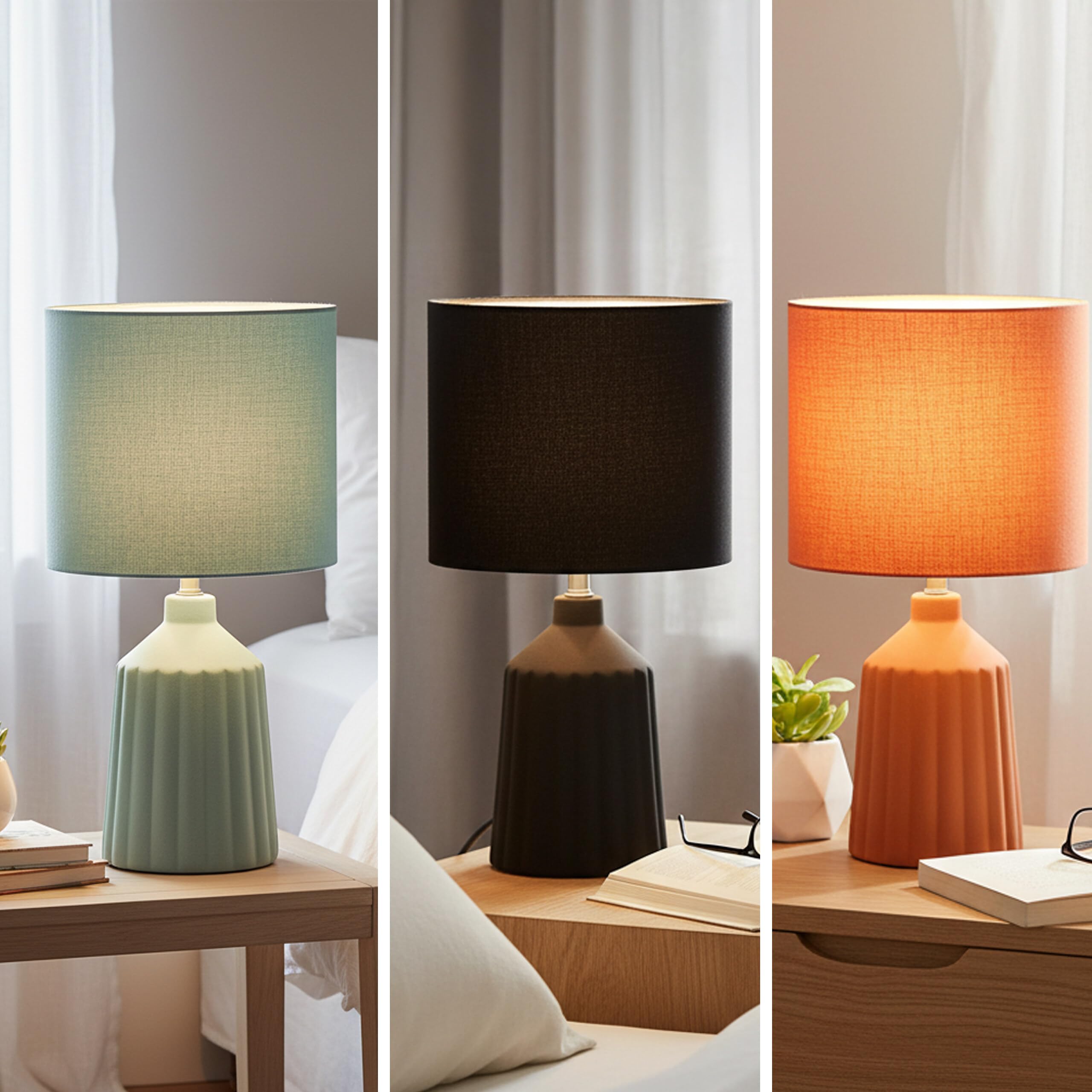 Relaxdays Lampada da Comodino, Base in Ceramica a Coste, Paralume in Tessuto, E14, 42 x 23 cm