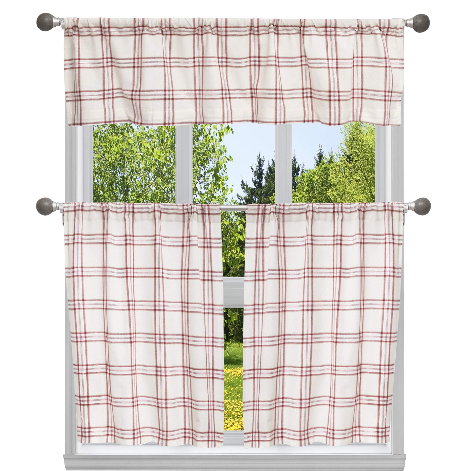 Cortinas de cocina Home Maison con cuadros metálicos granate y cenefa