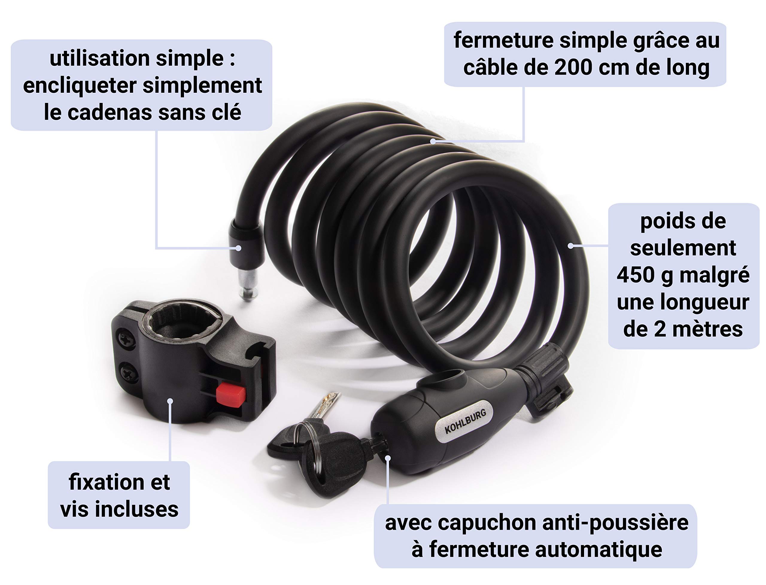 KOHLBURG Antivol en spirale pour vélo, 200 cm de long, refermable sans clé | Cadenas pour vélo avec support – antivol en spirale pour vélo & antivol poussette electrique – anti vol cadenas velo