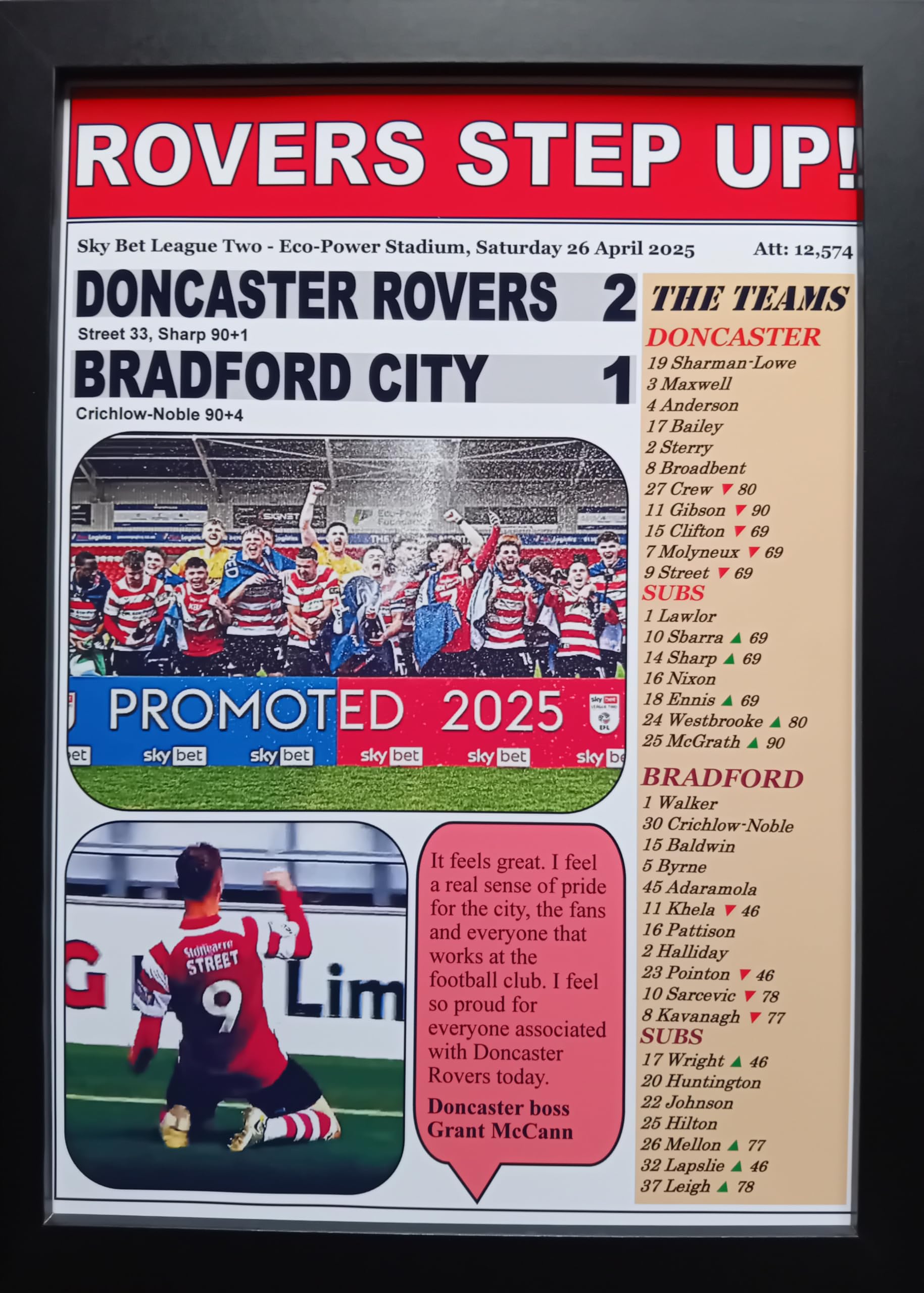 Assorted Multicoloured Doncaster Rovers 2 Bradford City 1 | 2025 League Two | Doncaster Promoted | Framed Print Poster Gift