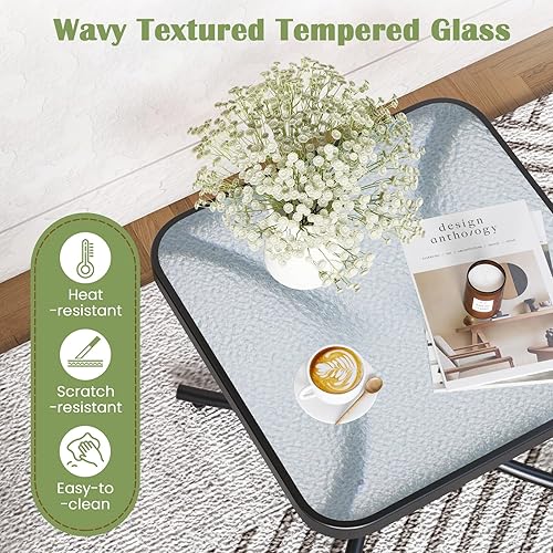 Miniatura 4 de Giantex Mesa auxiliar pequeña para exteriores, mesa cuadrada de patio con parte superior de vidrio templado, marco de metal resistente, capacidad de