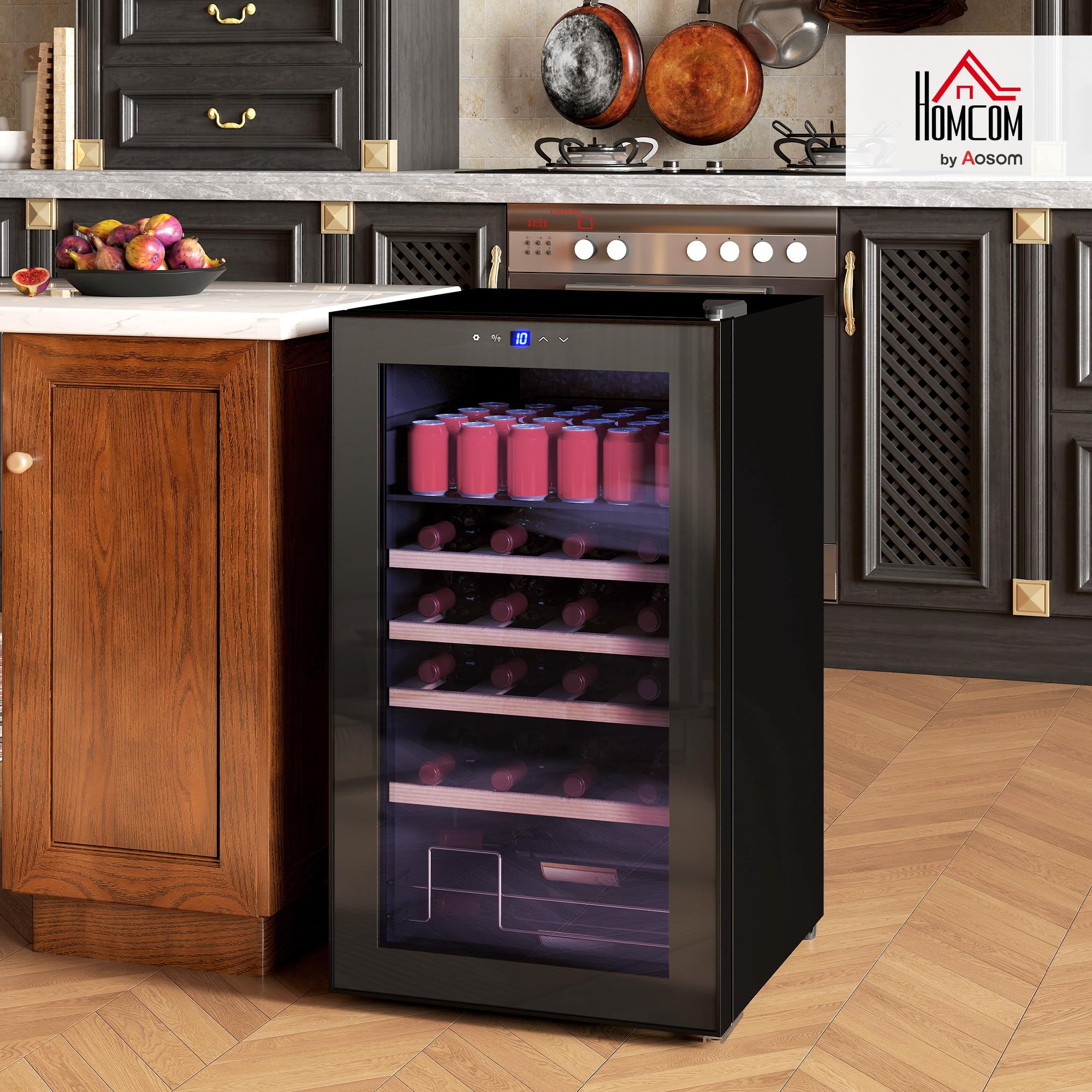 HOMCOM Cantinetta Vino Refrigerata 16 Bottiglie 63L Cantina Vino Silenziosa Temperatura Regolabile 5-18℃ Frigo Vino Bar con Vetro Anti UV, Ripiani, Compressore, Display Touch, Luci LED, Classe G