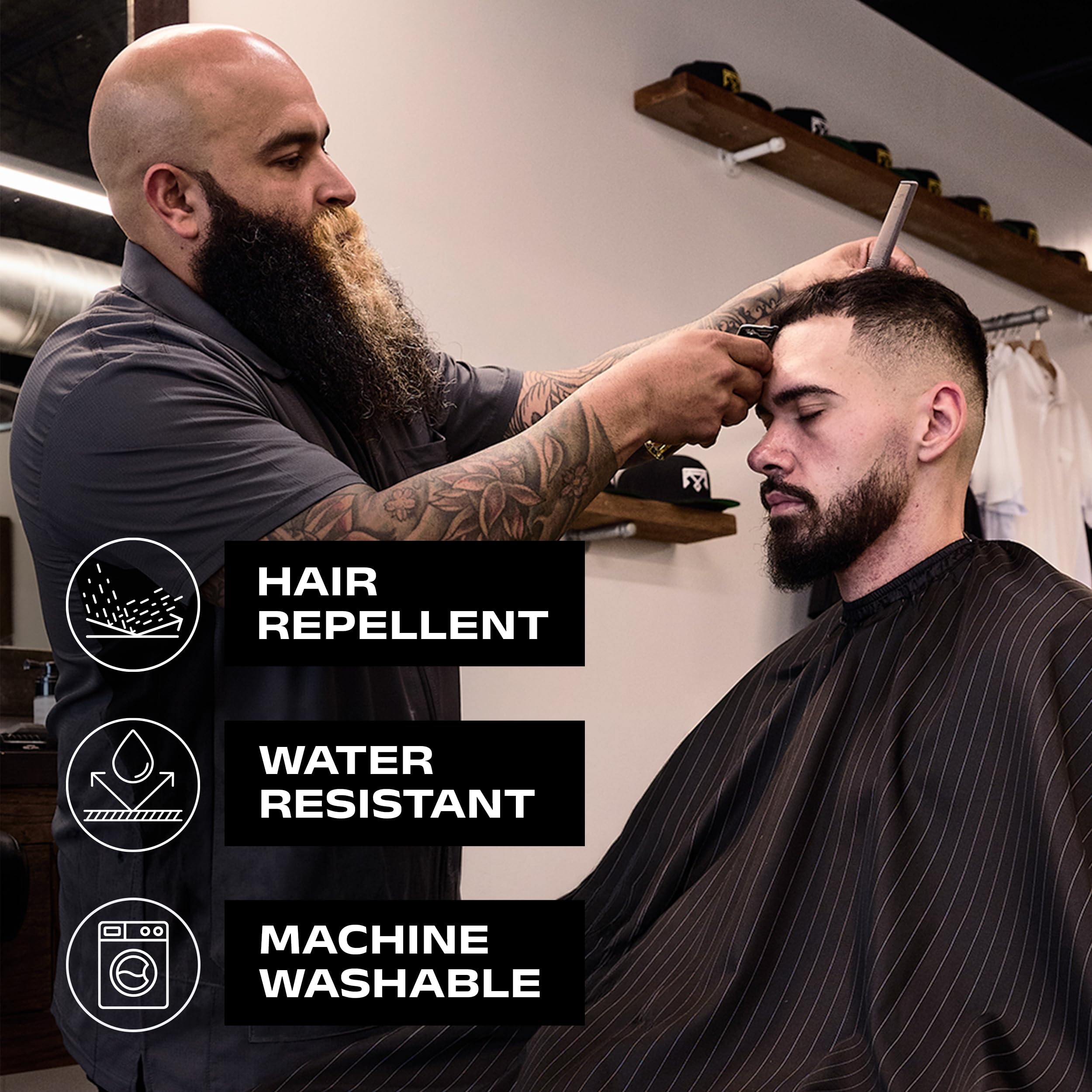 Barber Strong Peleryna fryzjerska, odpychający włosy i materiał redukujący zakłócenia, elastyczny, elastyczny pasek na szyję dla wygody, wodoodporny materiał, ponadwymiarowy dla pełnego pokrycia