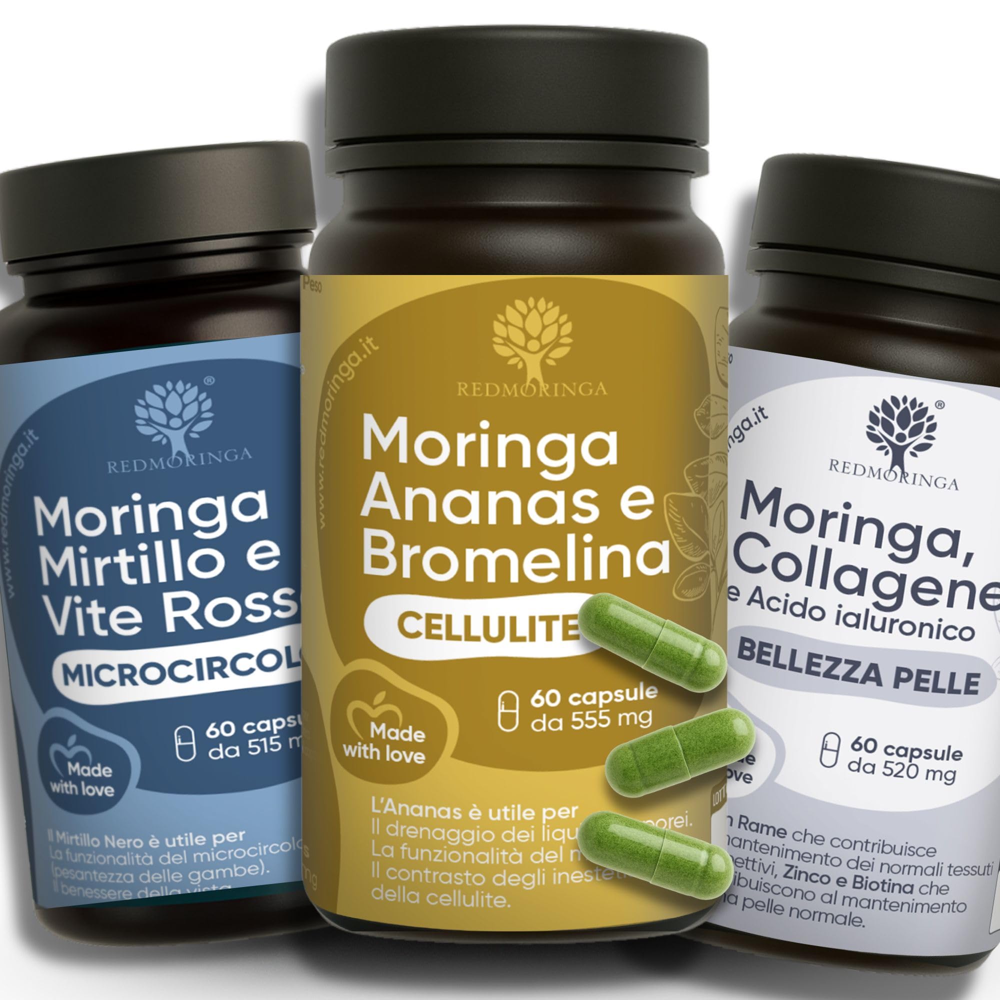 Trattamento Gambe Perfette RedMoringa - Bundle Integratore Ananas e Bromelina 5000GDU | Integratore Mirtillo Nero | Integratore Collagene e Moringa BIO (180 Caps. Drenante + Microcircolo + Collagene)