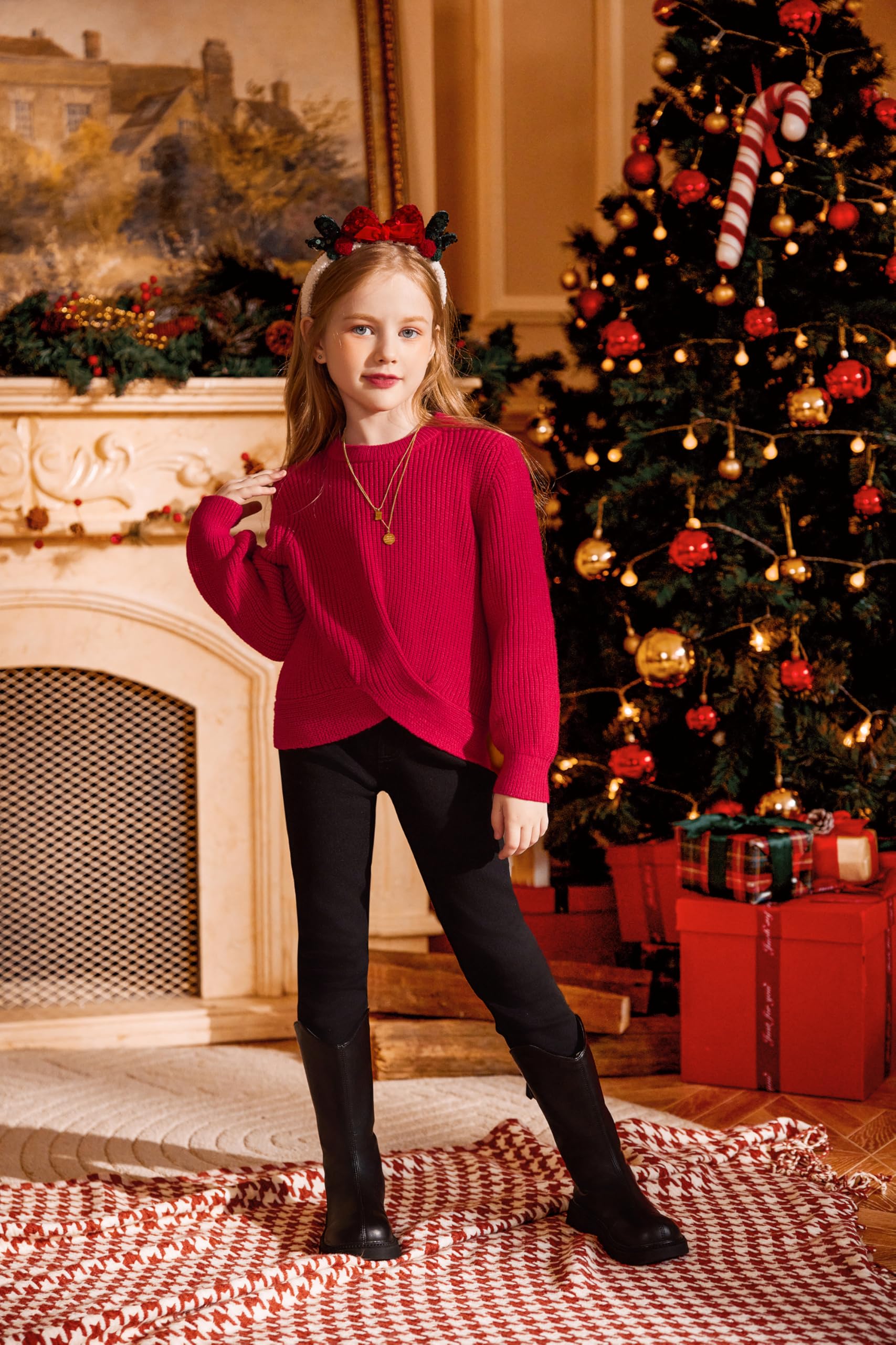 Arshiner Filles Pulls Mode Enfants Col Rond Pull Tricoté Automne Hiver Loisirs Manches Longues Tops pour Fille 5-13 Ans