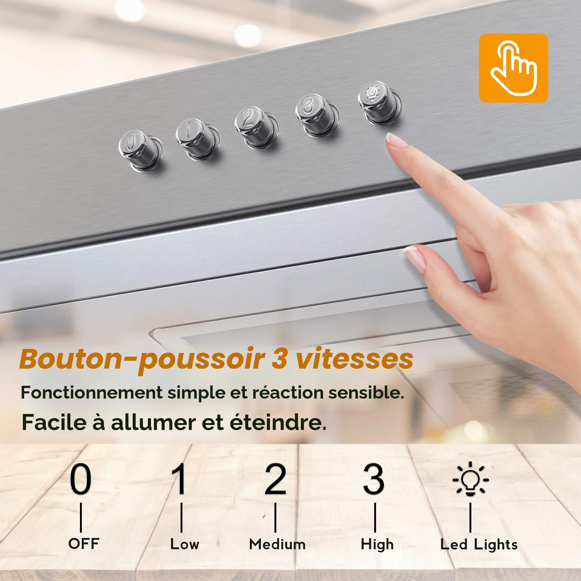 FIREGAS Hotte Aspirante 60cm, Extracteur de Cuisine Sans Évacuation, 3 Vitesses, Filtres en Aluminium Lavables, Filtres à Charbon inclus, Argent