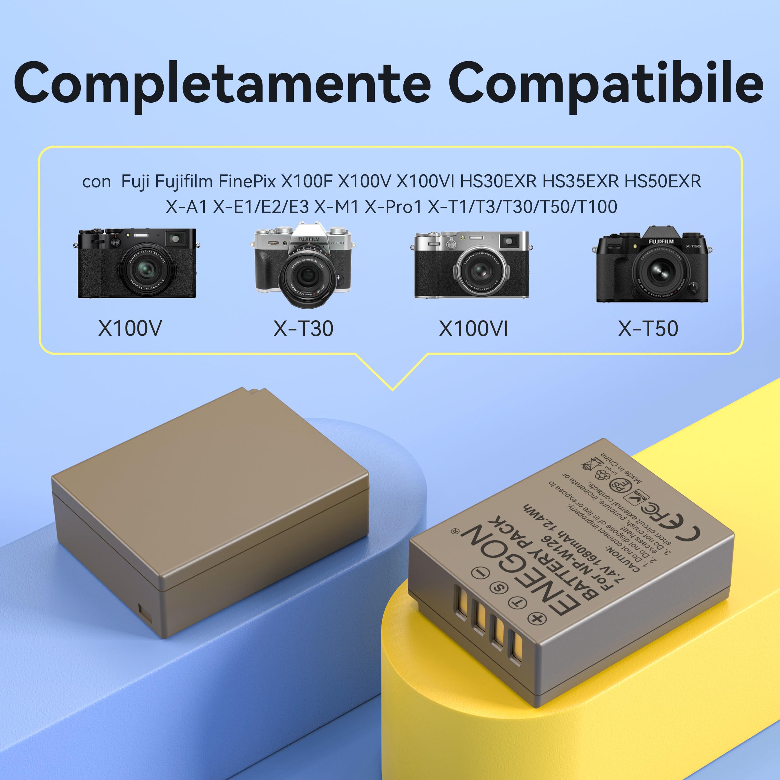 ENEGON Batteria NP-W126S/W126 1680mAh, Caricatore Rapido 20W LCD per Fujifilm XT30III, XM5, X100V, X100VI, X100F, X-T1, X-T3, X-T30, X-T100, X-A1, X-E1, X-E2, X-E3, X-M1, X-Pro1, HS30EXR, HS35EXR
