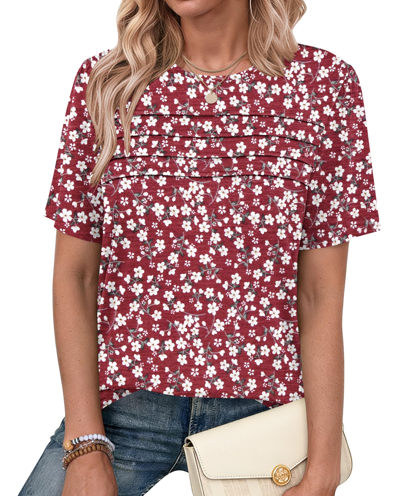 PLMOKEN Womens Summer Tops Short Sleeve Pleated Front Ladies T Shirts Round Neck Blouses Elegant Tunic Tops Casual — view 16