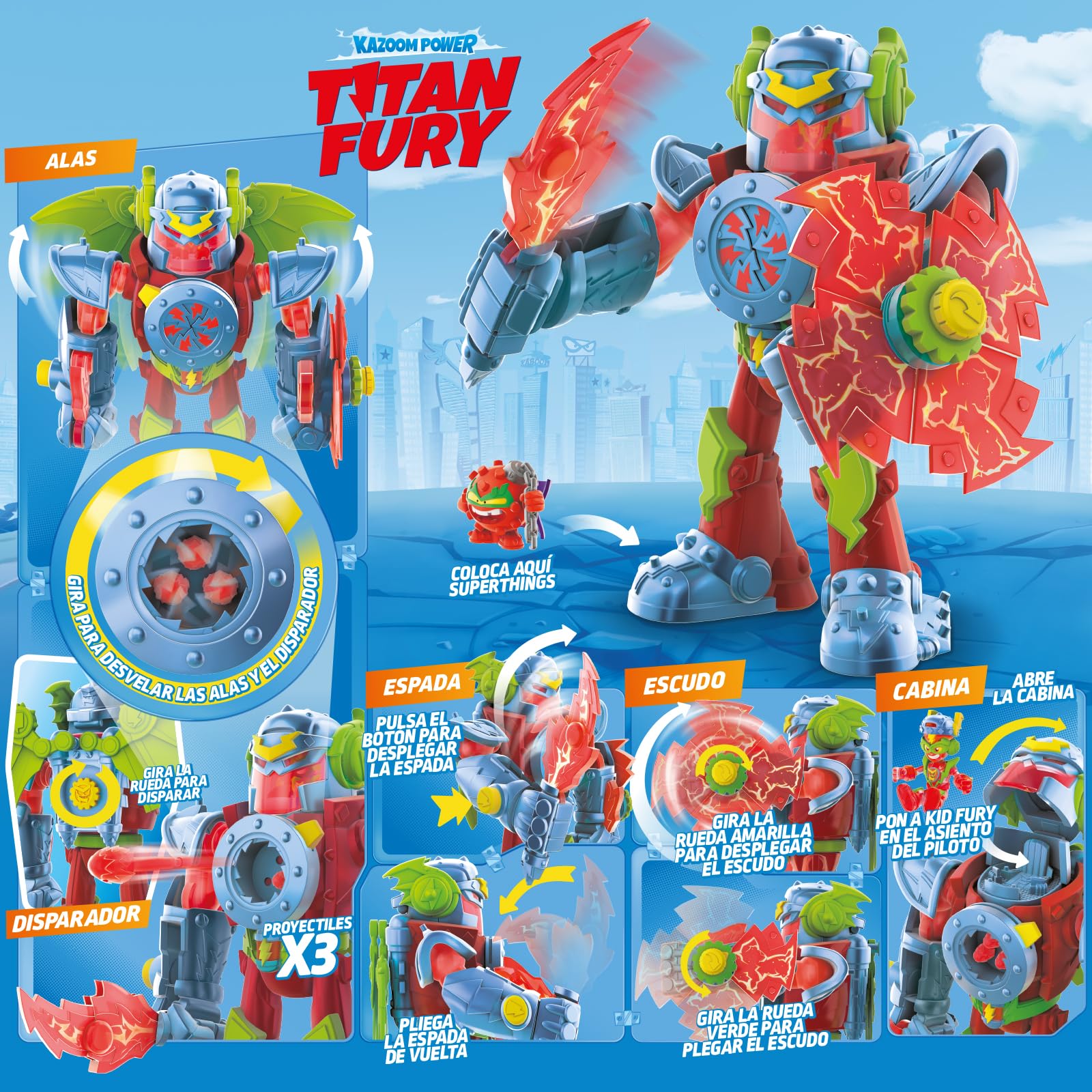 SUPERTHINGS KAZOOM Power–Titan Fury.Robot Titan Fury de Kid Fury de la Serie de TV “Superthings Kazoom Power”.con Espada,Escudo,alas y Disparador. Contiene Robot,Kid Fury Exclusivo y 3 Proyectiles