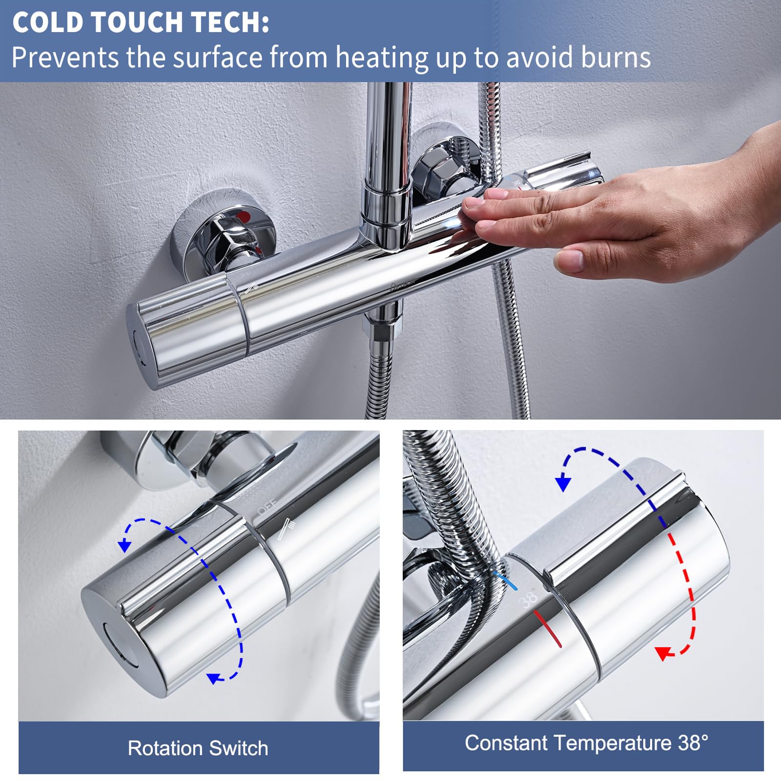 Colonna Doccia Termostatica con Miscelatore, DETBOM Set Doccia in Acciaio Inox 304 - Soffione Pioggia 25cm + Doccetta 3 Jet Autopulente, Kit Completo con Tubo 1.5m e Staffa Regolabile, Rotondo