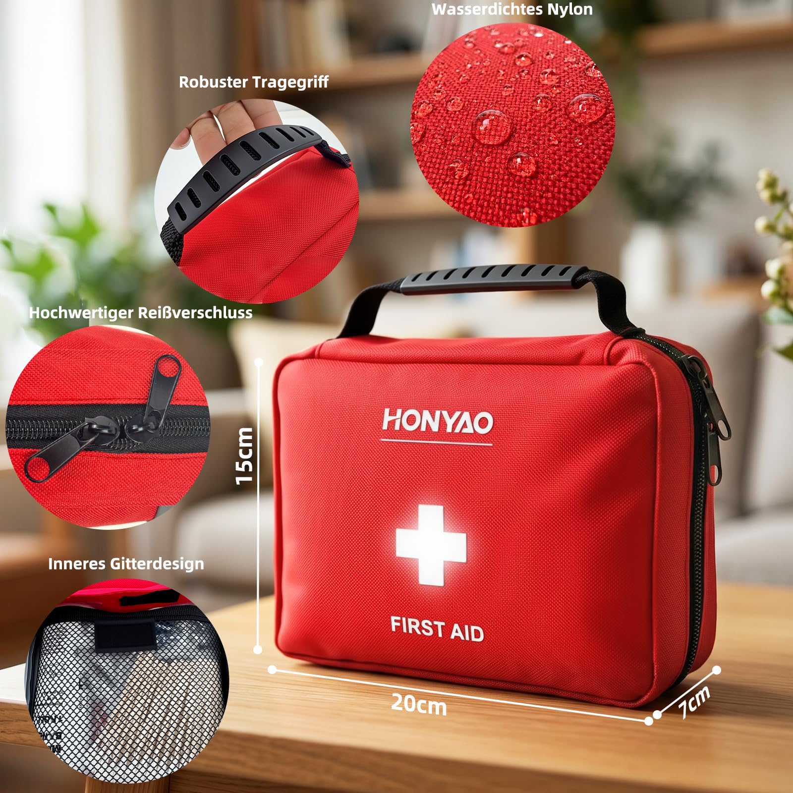 HONYAO Erste Hilfe Set 222 Teile, Komplettes Erste Hilfe Tasche für Zuhause Arbeitsplatz Kinder Outdoor Reise Camping Wandern, Sport First Aid Kit, Rot