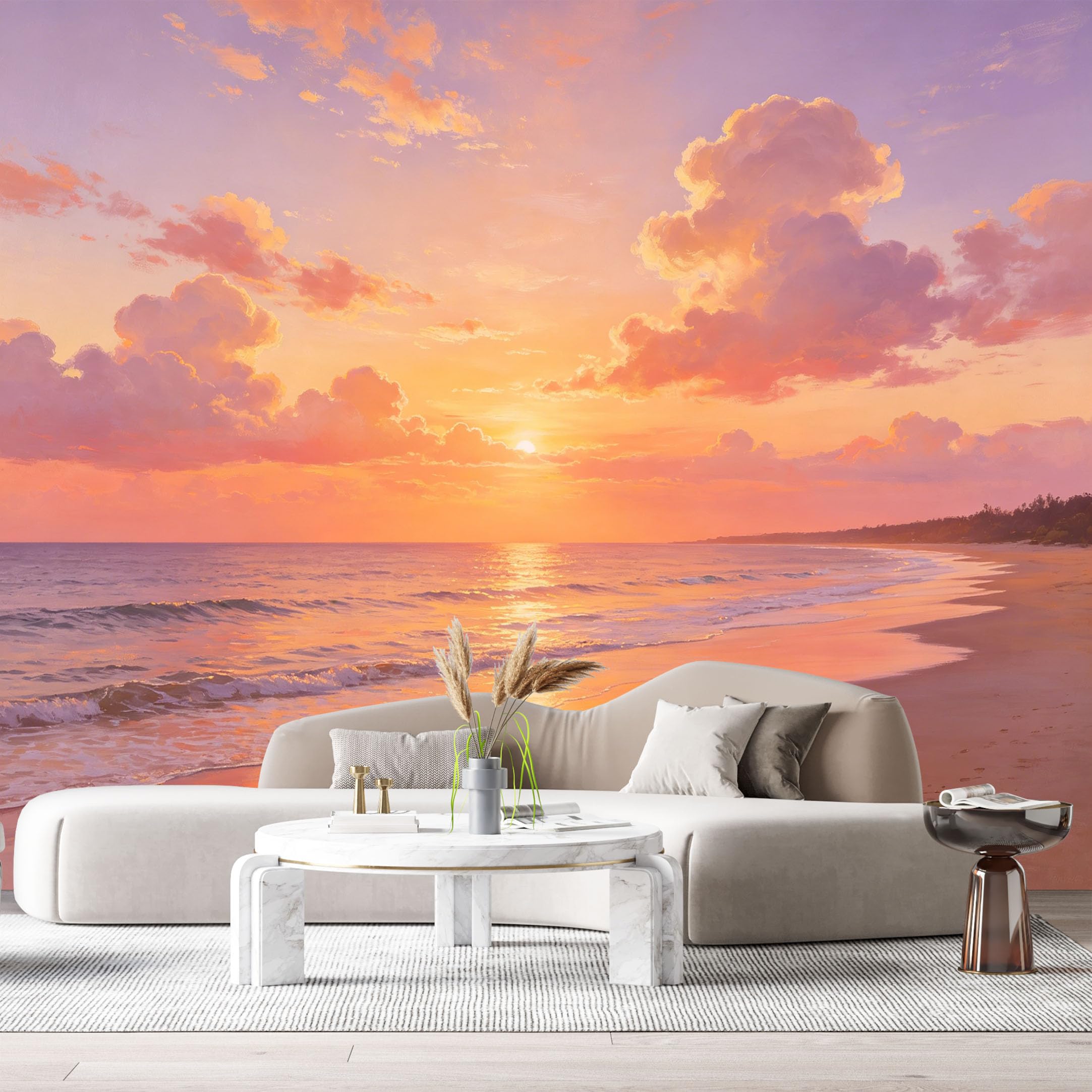 Custom Size Wall Murals Coastal Landscape Oil Painting Sunset Ocean Shoreline SelfAdhesive Wall Fabric Removable Large Wallpaper for Photo Living Room Interior Decor
