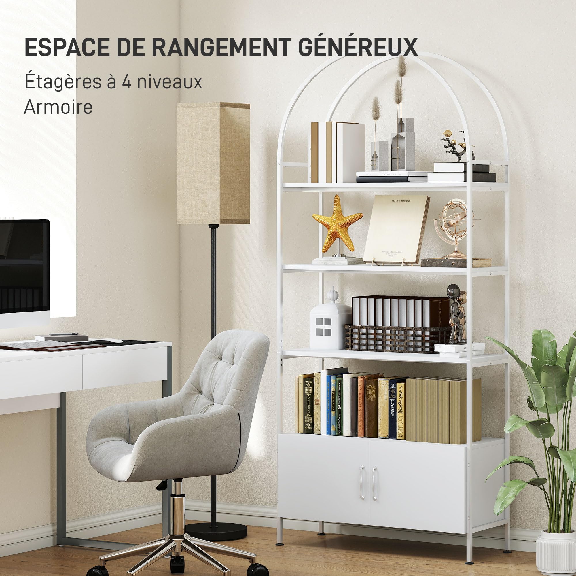 HOMCOM Aufbewahrungsregal, geschwungene Bibliothek auf 4 Ebenen mit zweitürigem Schrank, verstellbare Kufen, Stahlstruktur, für Büro, Wohnzimmer, Schlafzimmer, 80 x 30 x 187 cm, weiß | 4 Ebenen, Schrank mit Doppeltür, verstellbare Kufen, Struktur aus Stah