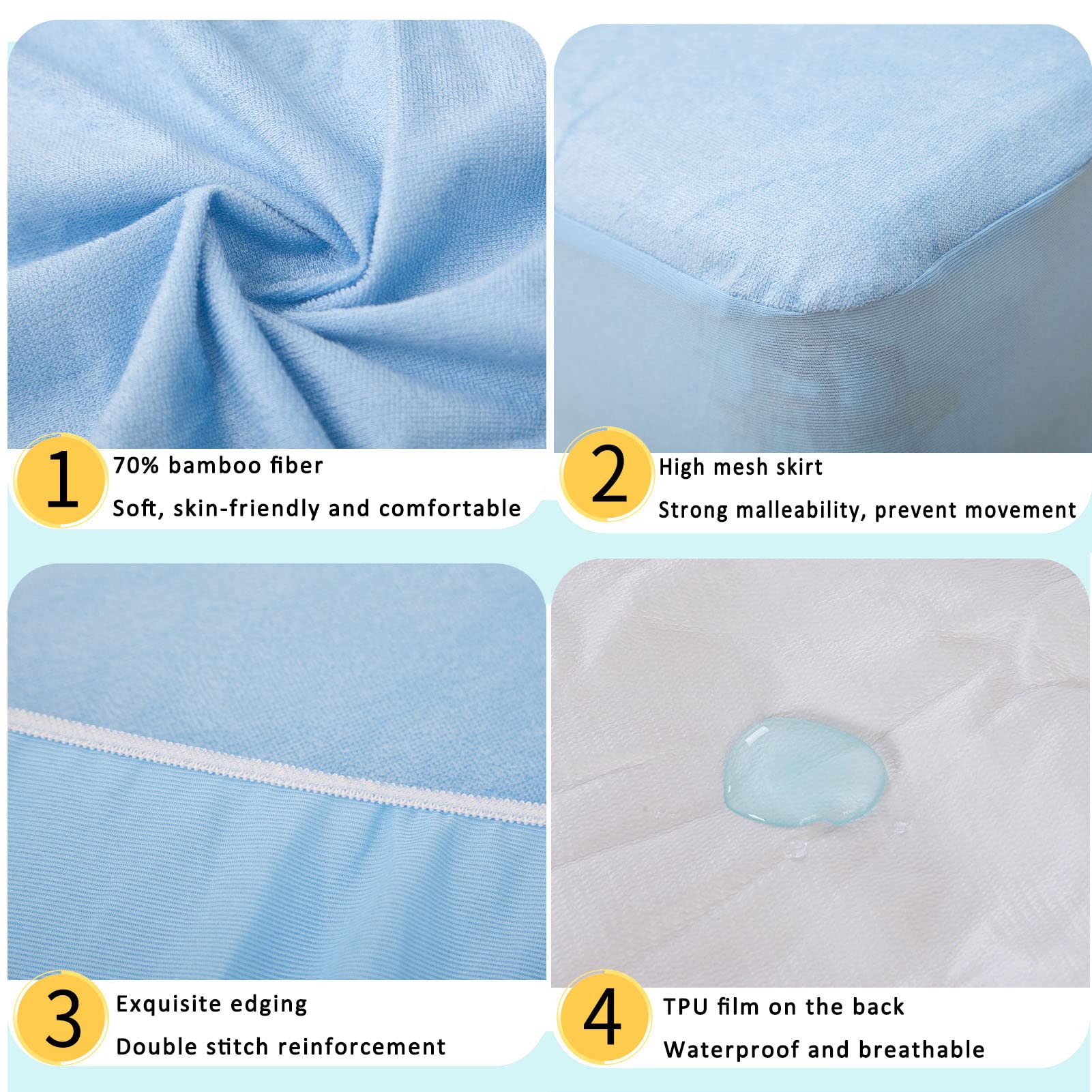 Impermeable Protector Colchón, Paño Toalla Fibra Bambú Ligero, Transpirable, Lavable Máquina, Colchón Elástico Todo Alrededor, Antialérgico, Sábana Antiácaros (Blue,200x220+30cm)