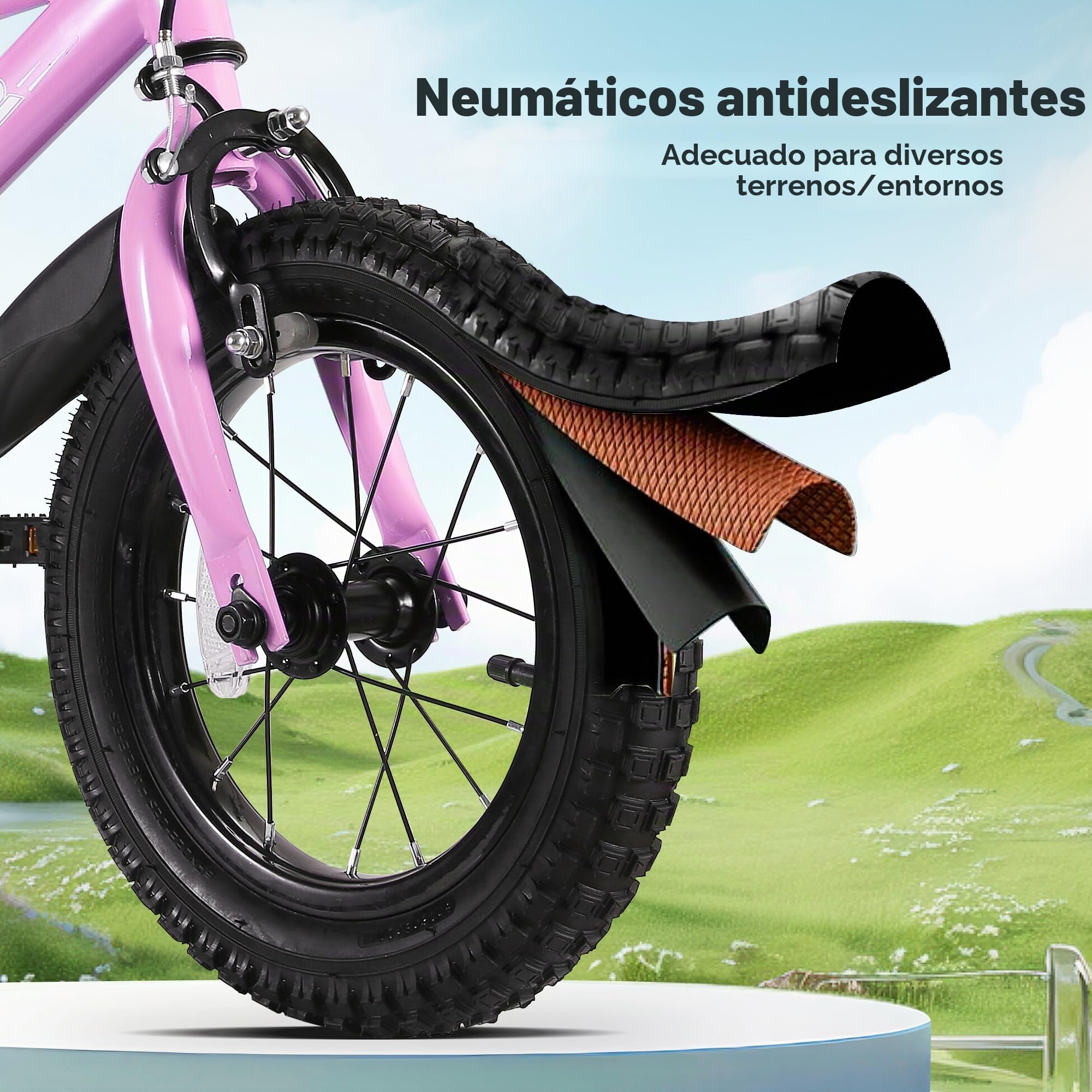 BODIOO Bicicleta infantil de 16 pulgadas para niños y niñas con asiento ajustable, ruedas estabilizadoras, freno de mano, freno de contrapedal y marco estable para ciclistas de 104 a 117 cm (morado